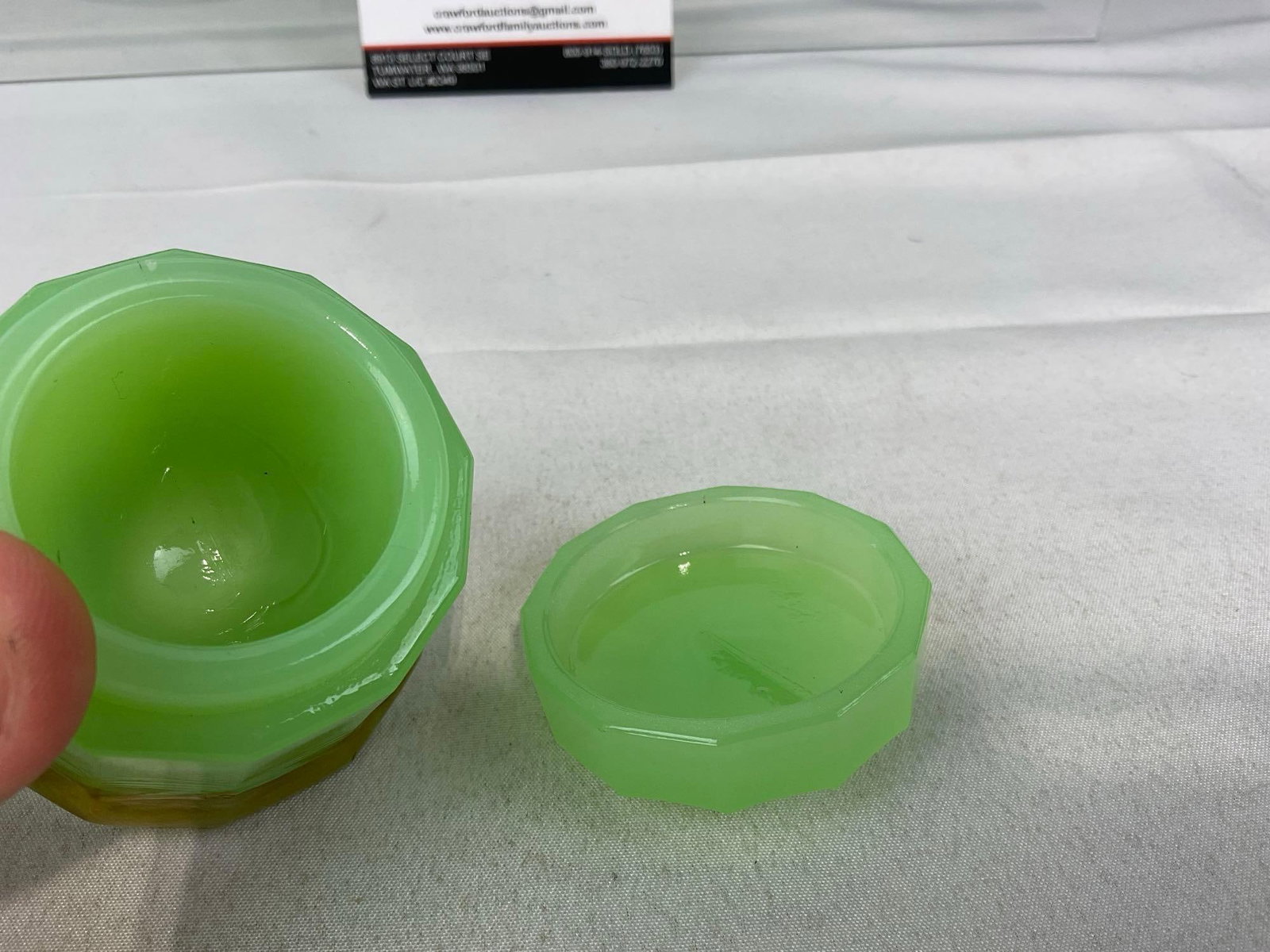 5 Early 20th Century Jade Green Glass Perfume Bottle, Powder Bottle, Two w/ Stoppers - 3