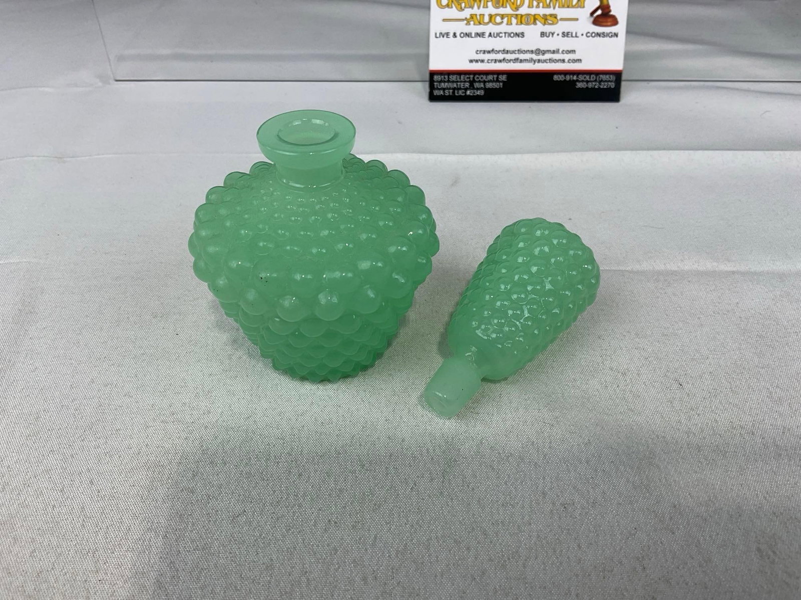 5 Early 20th Century Jade Green Glass Perfume Bottle, Powder Bottle, Two w/ Stoppers - 6