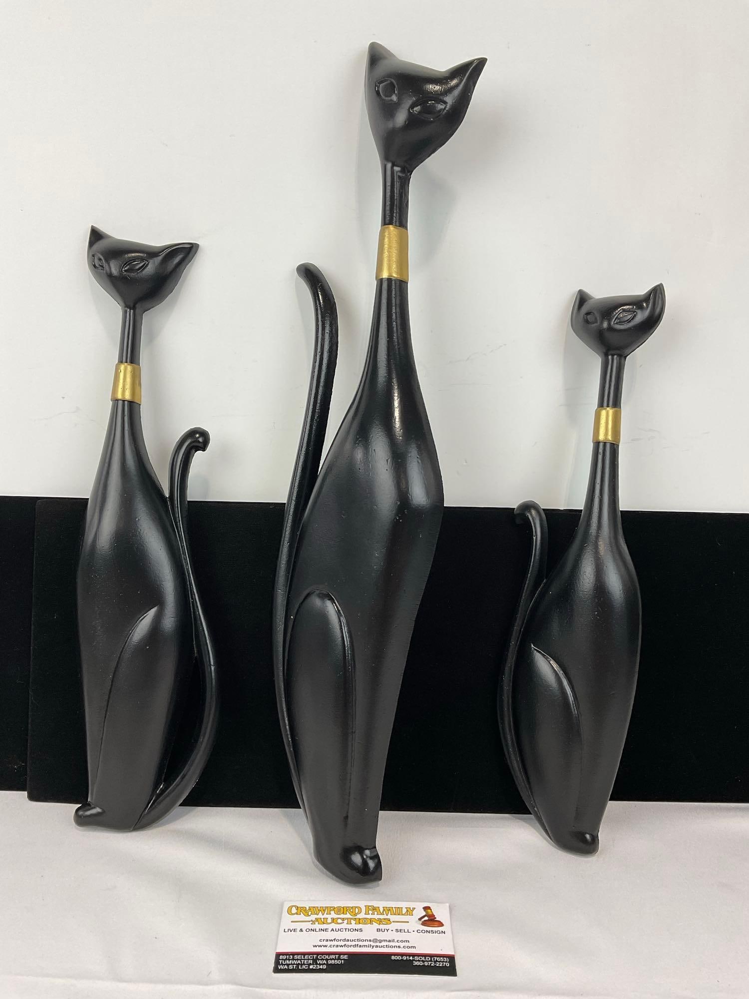 3 Mid Century Modern Sexton Black Cat Wall Figures, Cast Metal, 20h x 6w x 4d inches: Appears to be in good shape. The piece measures approx 20h x 6w x 4d inches. See pics. E-5480 