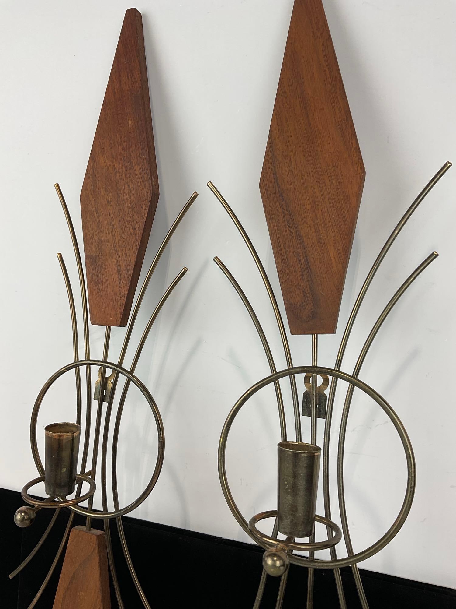 Pair of Mid Century Modern Metal & Wood Wall Candleholder Sconces, 25h x 6w x 5d inches - 2