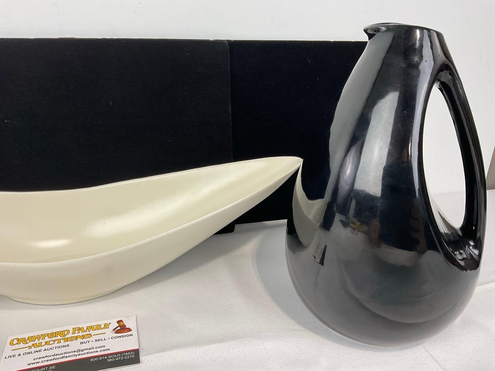White Centerpiece Bowl + 2 Pitchers, Satin Black Austrian piece & Shawnee Kenwood Black Gloss piece - 3