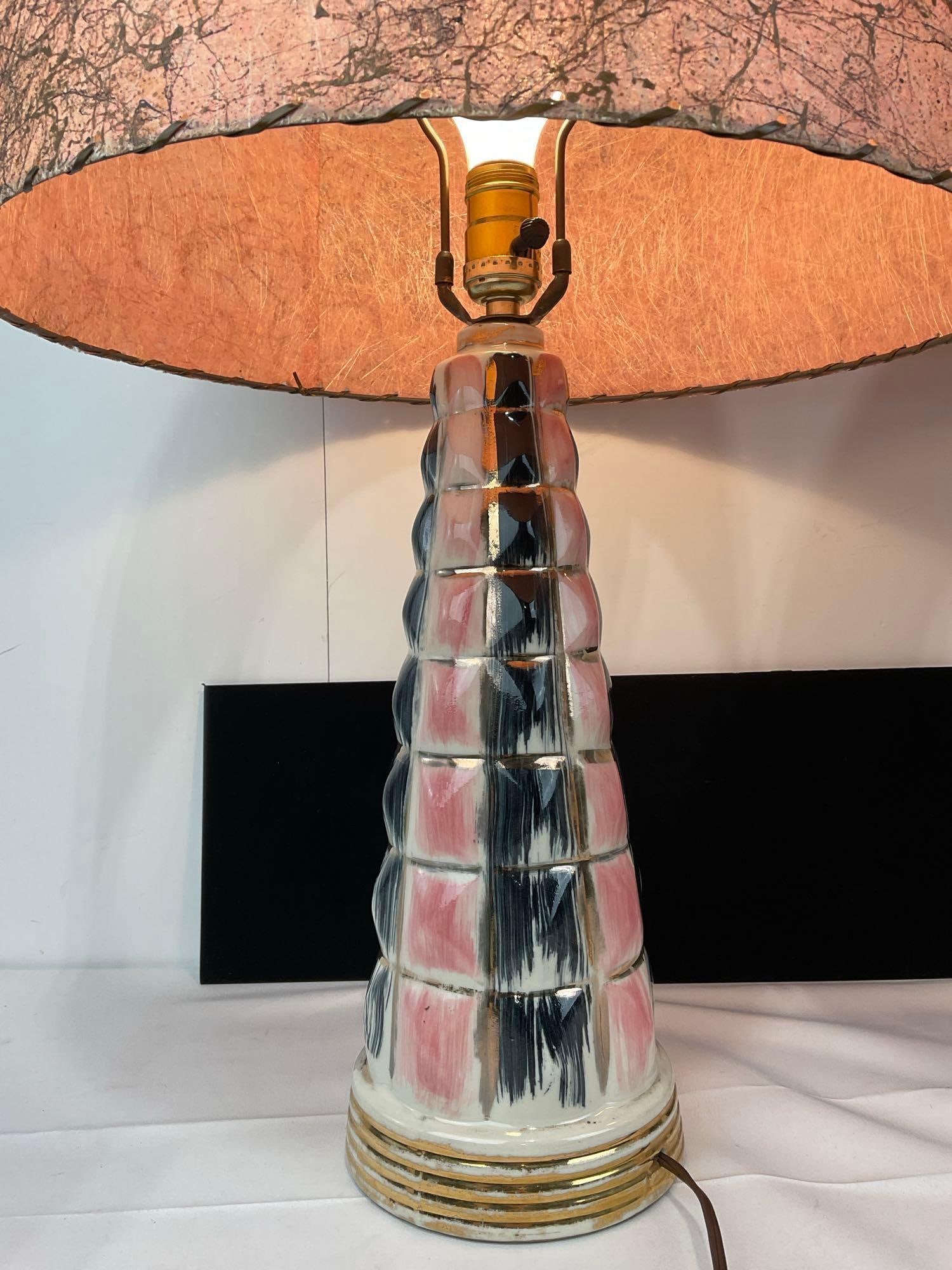 Pair of Mid Century Modern Black & Pink Glazed Lamps, w/Pink Fiberglass Lamp Shades, tested - 2
