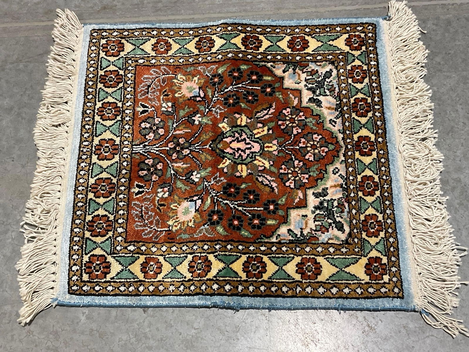 Lovely Mini Persian Rug, 23 x 19 inches, Hand Knotted w/ Fringe: Appears to be in good shape. The piece measures approx 19h x 4w x 5d inches when rolled up. See pics. E-5630