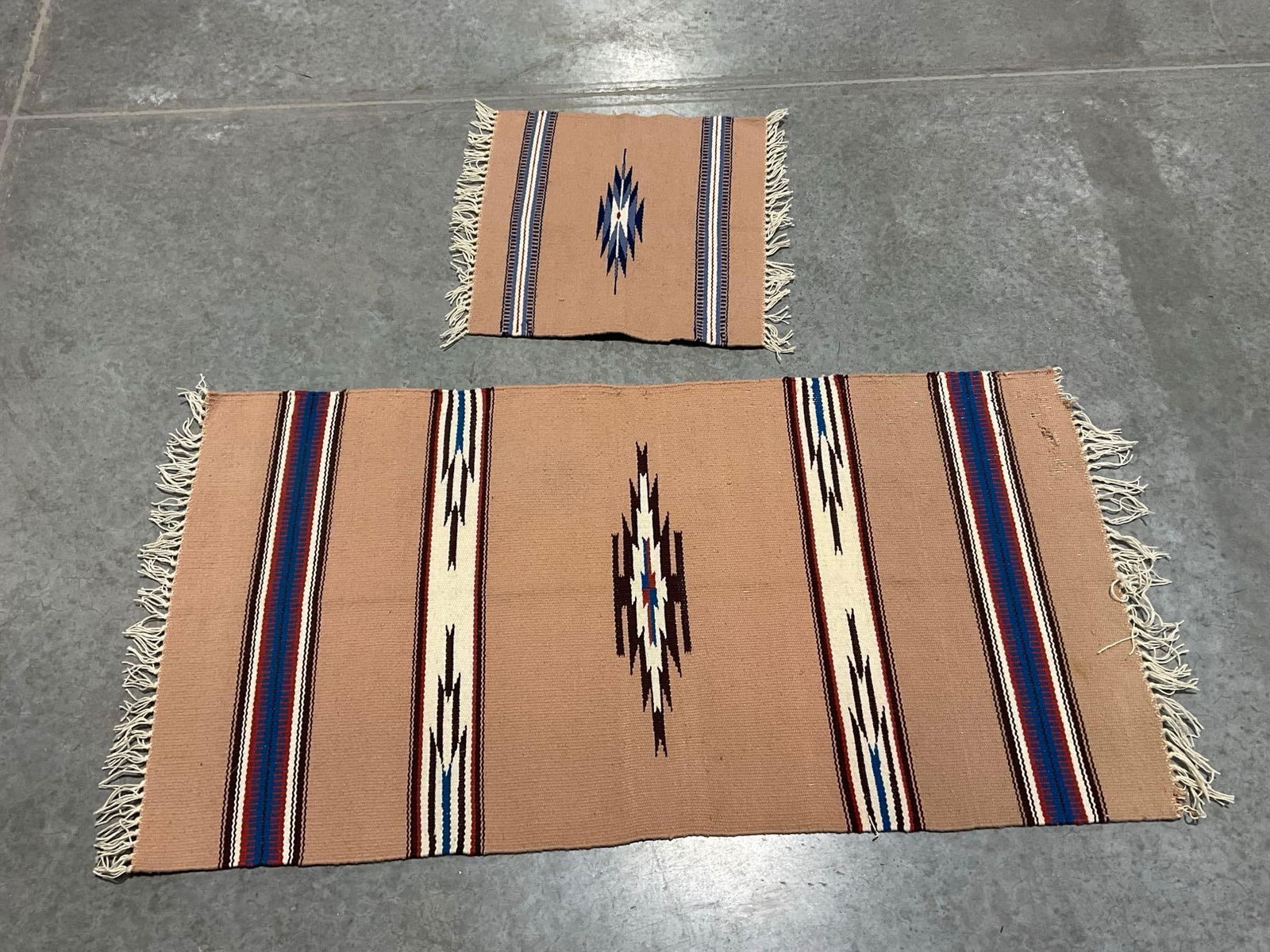 Pair of Small Navajo Handmade Rugs, 44 x 22 inches, Pale Taupe, Red/Blue/White Details - 2