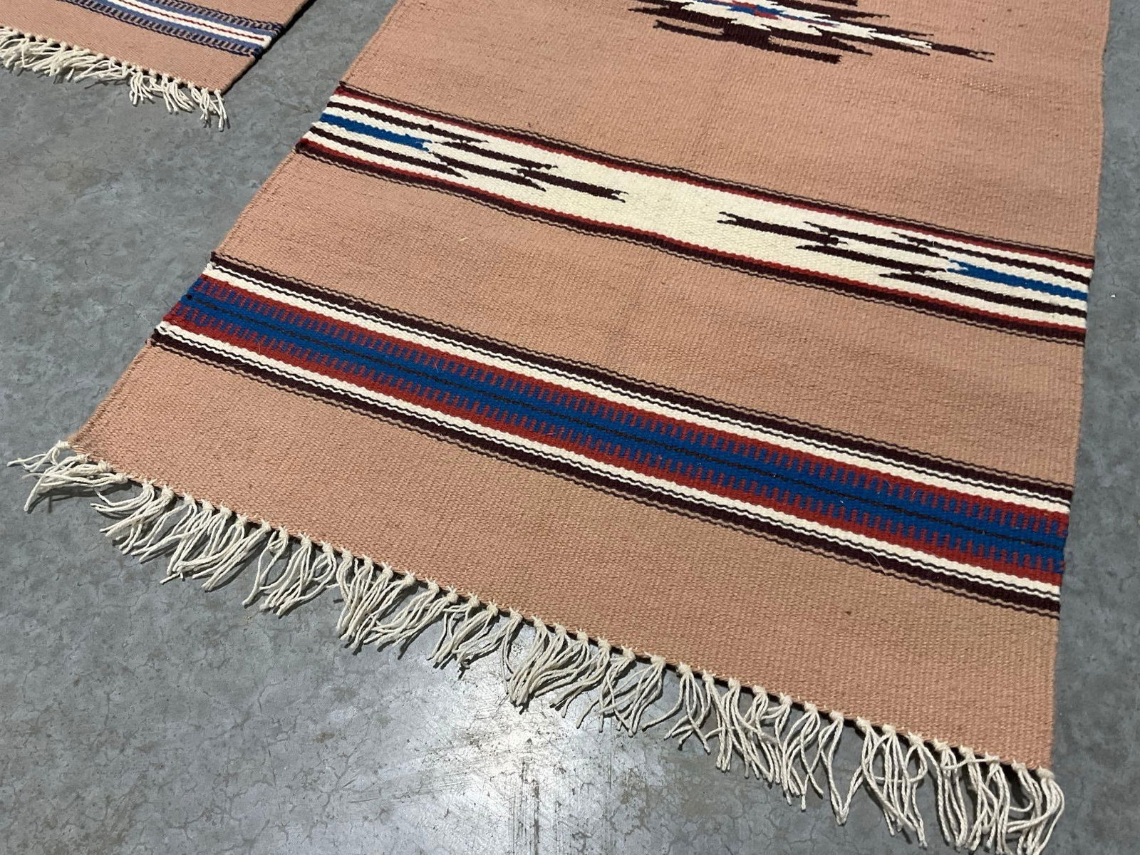 Pair of Small Navajo Handmade Rugs, 44 x 22 inches, Pale Taupe, Red/Blue/White Details - 3