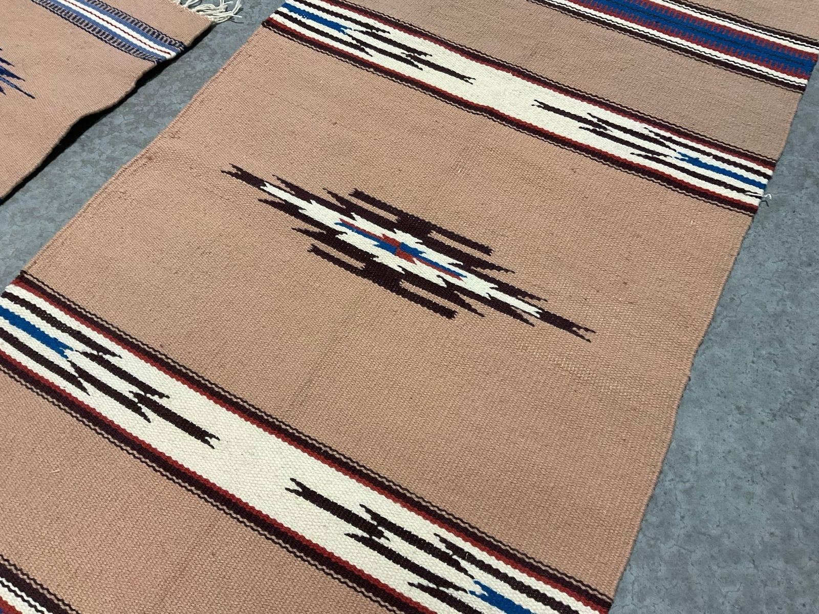 Pair of Small Navajo Handmade Rugs, 44 x 22 inches, Pale Taupe, Red/Blue/White Details - 4