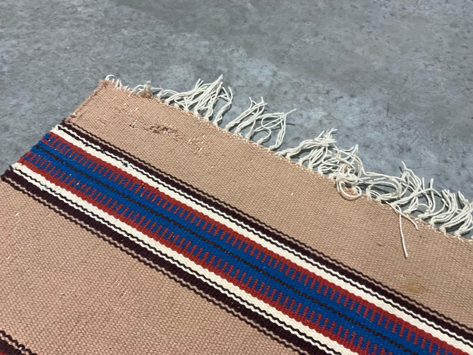 Pair of Small Navajo Handmade Rugs, 44 x 22 inches, Pale Taupe, Red/Blue/White Details - 5