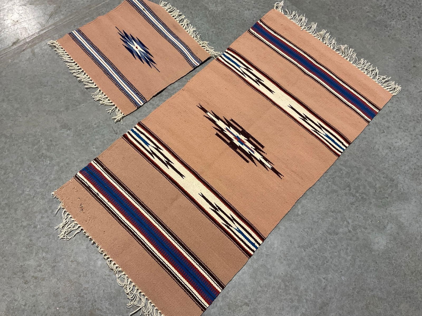 Pair of Small Navajo Handmade Rugs, 44 x 22 inches, Pale Taupe, Red/Blue/White Details - 7
