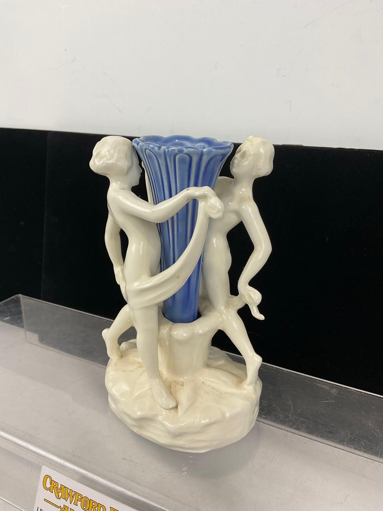 Antique 1920s Art Deco Porcelain Dancing Nymph/ scarf dancers Bud Vase, White w/ Blue Vase. - 2