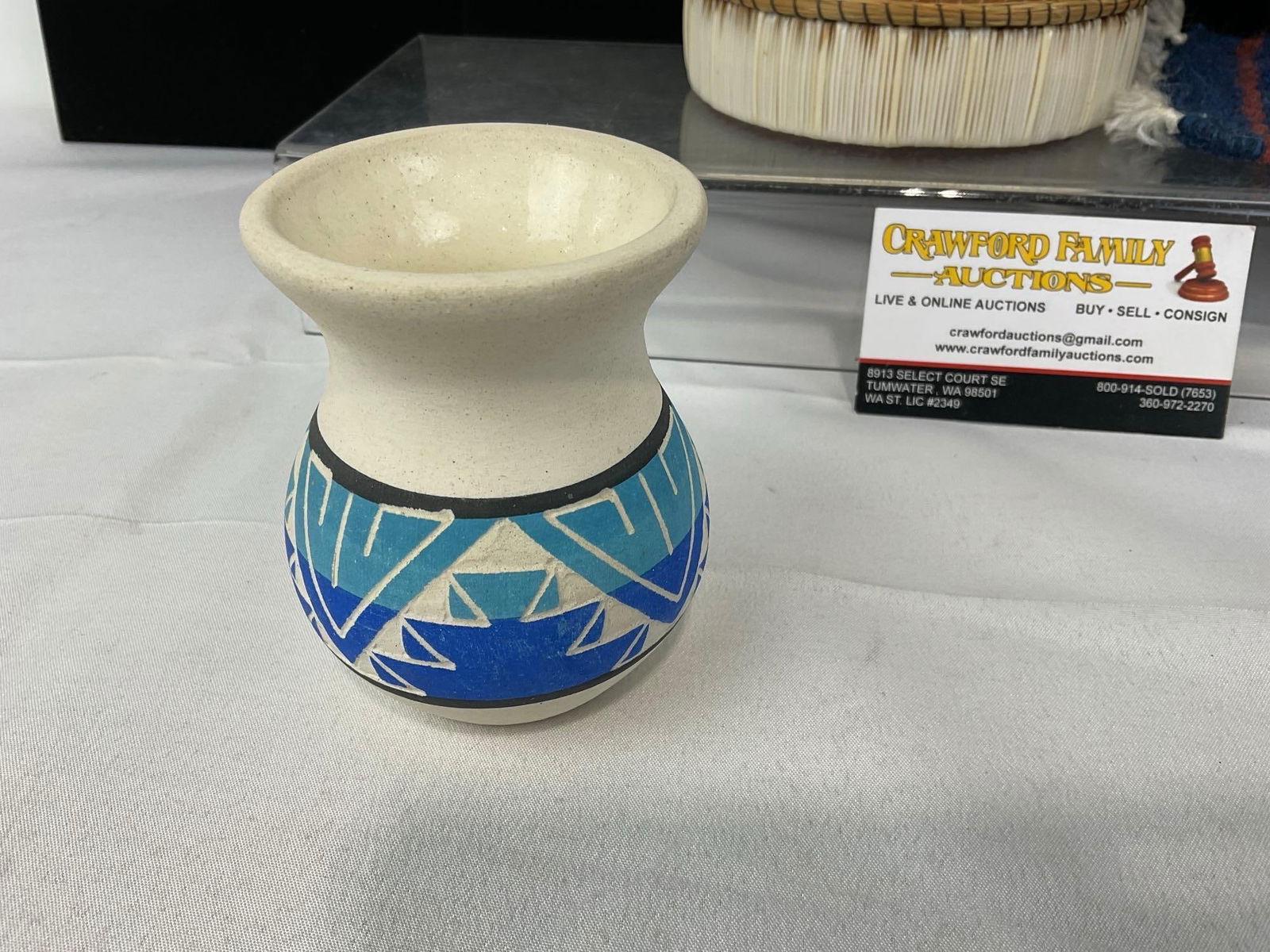 3 Native American pcs, Sioux Pottery Vase Painted & Etched, Mini Rug & Ojibwe Porcupine Quill Bas... - 2