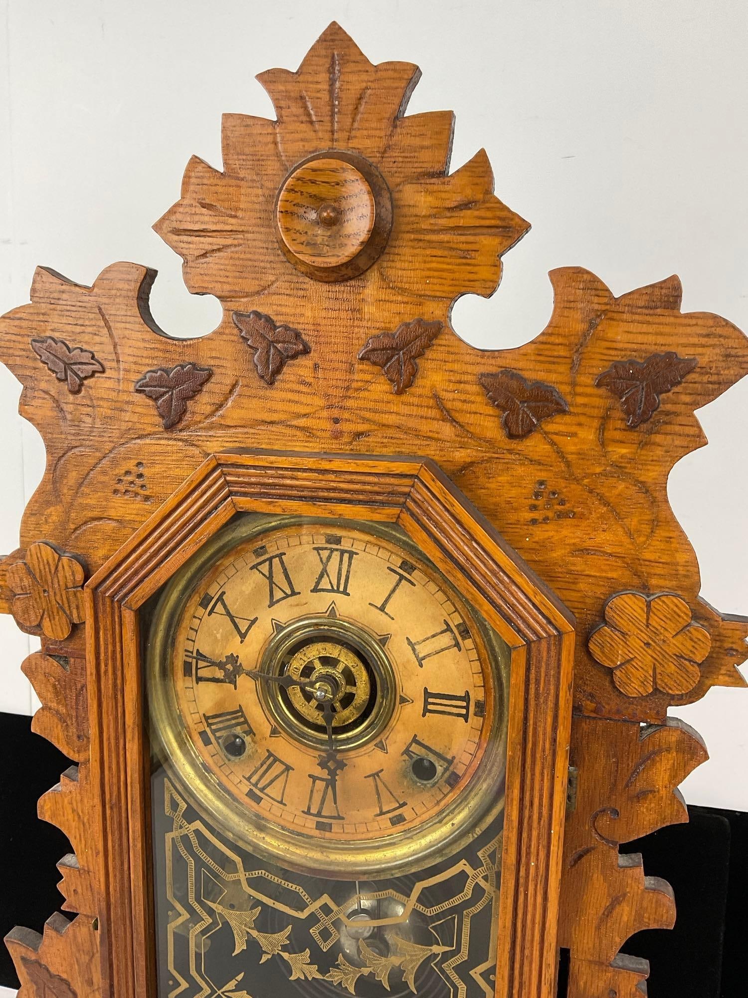 Antique 1880s William L. Gilbert Eagle Gingerbread Mantel Clock, Time Strike, 23h x 15w x 5d inches - 2