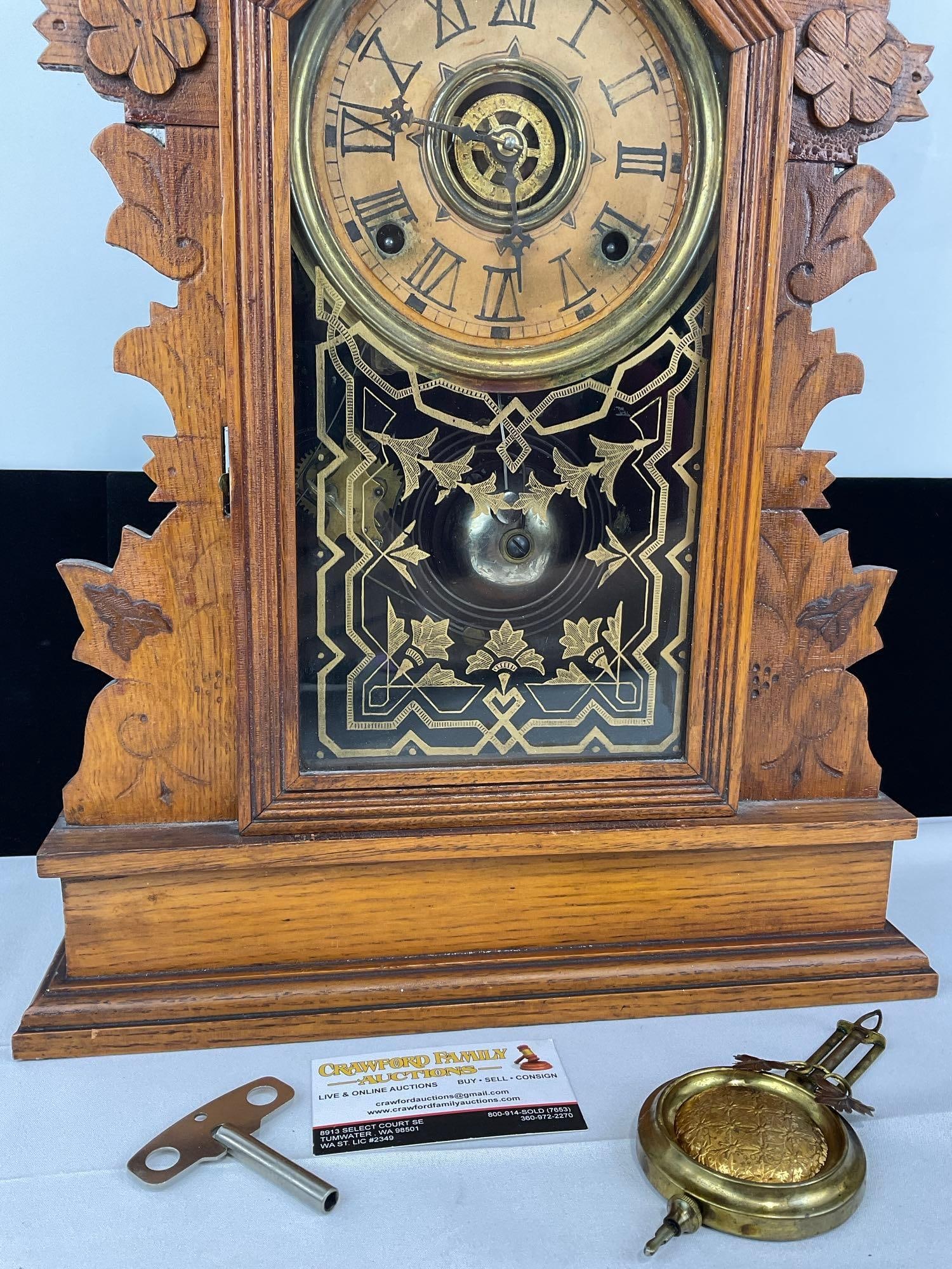 Antique 1880s William L. Gilbert Eagle Gingerbread Mantel Clock, Time Strike, 23h x 15w x 5d inches - 3