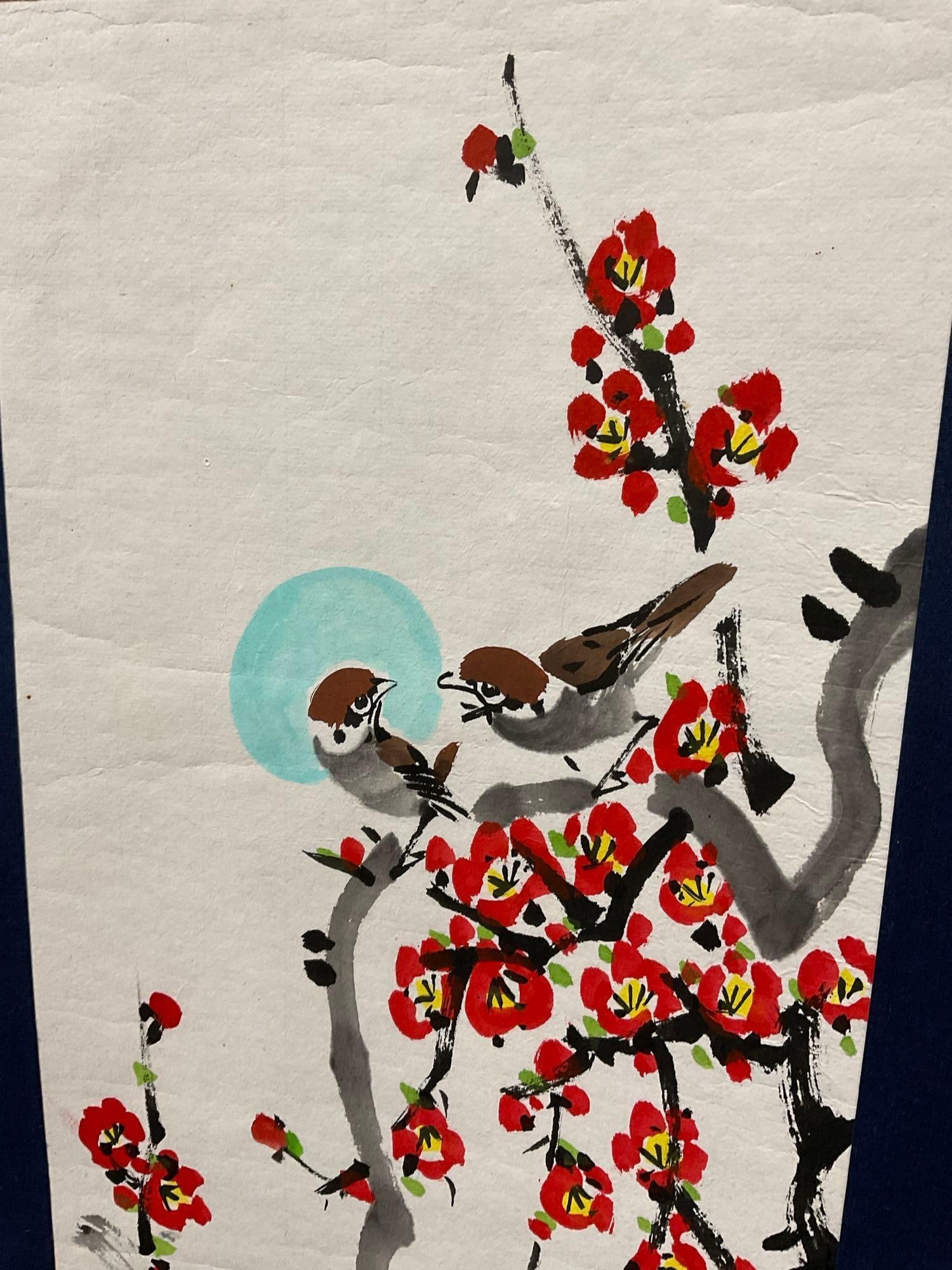 Japanese Watercolor on Paper, attached to Scroll, Plum Blossoms & Birds 36h x 13w inches - 3