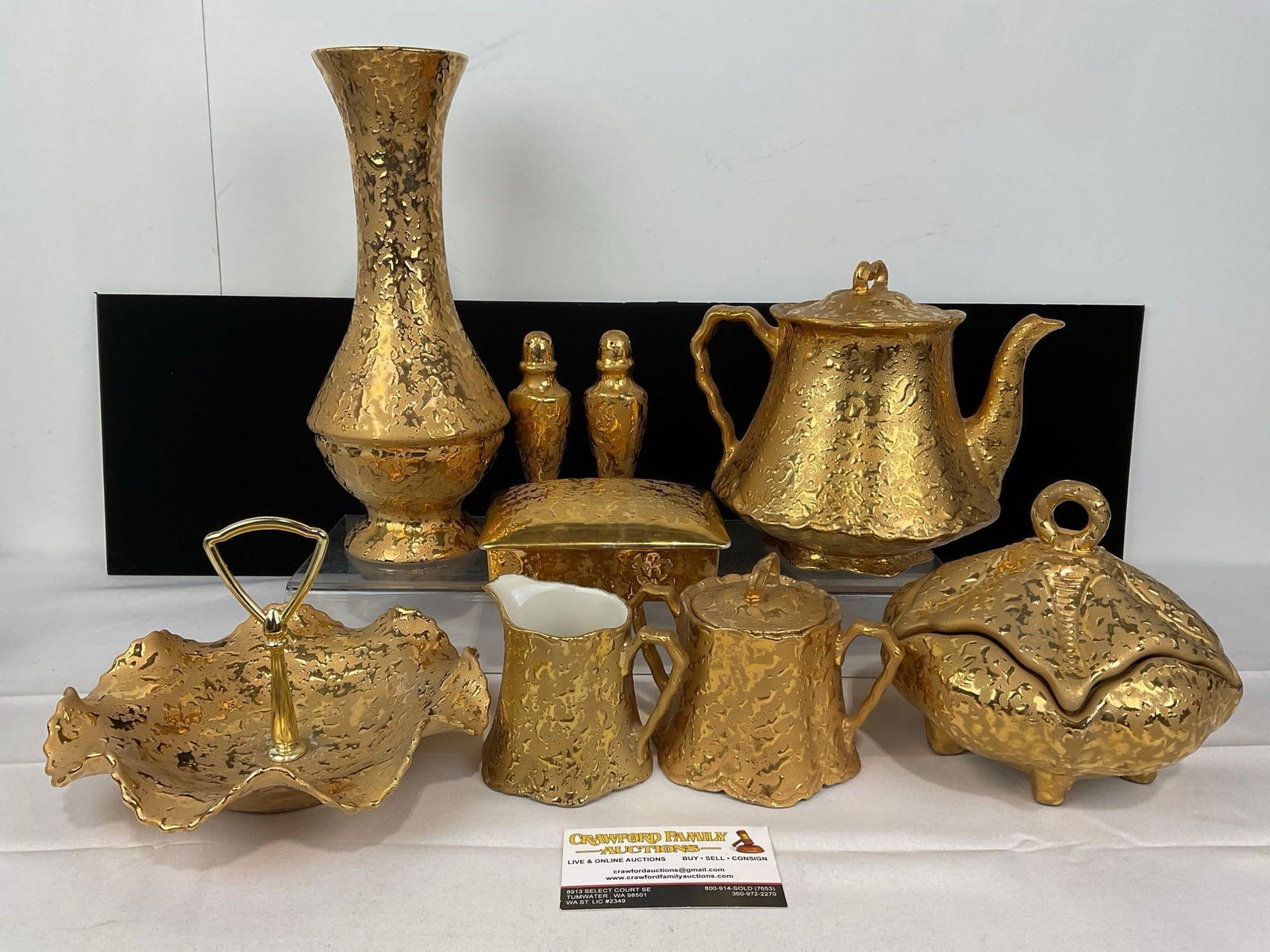 Set of 9 Dixon Art Studios Pieces, Gilt w/22 Karat Gold, Vase, Teapot, Server, Butter Dish & more (1 of 5)