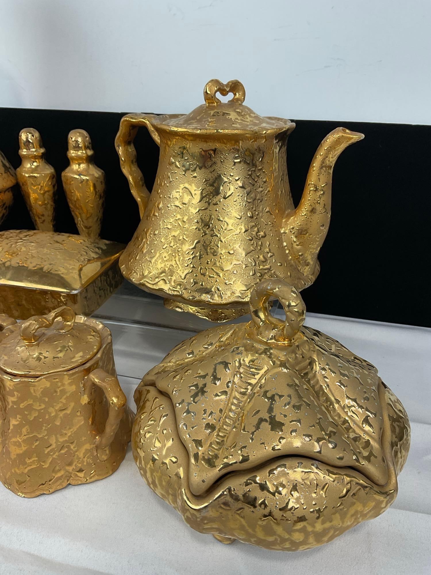 Set of 9 Dixon Art Studios Pieces, Gilt w/22 Karat Gold, Vase, Teapot, Server, Butter Dish & more - 2