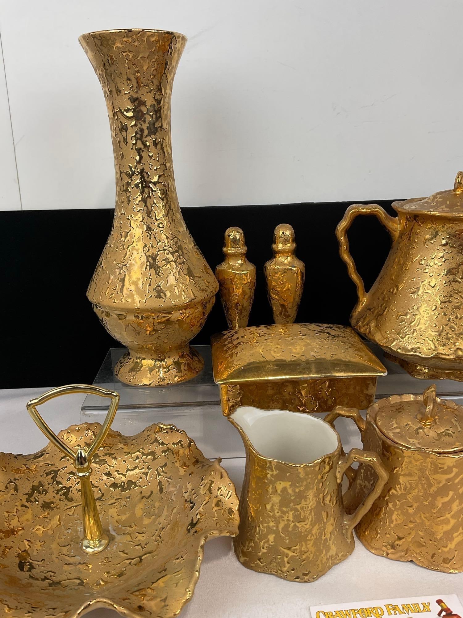 Set of 9 Dixon Art Studios Pieces, Gilt w/22 Karat Gold, Vase, Teapot, Server, Butter Dish & more - 3