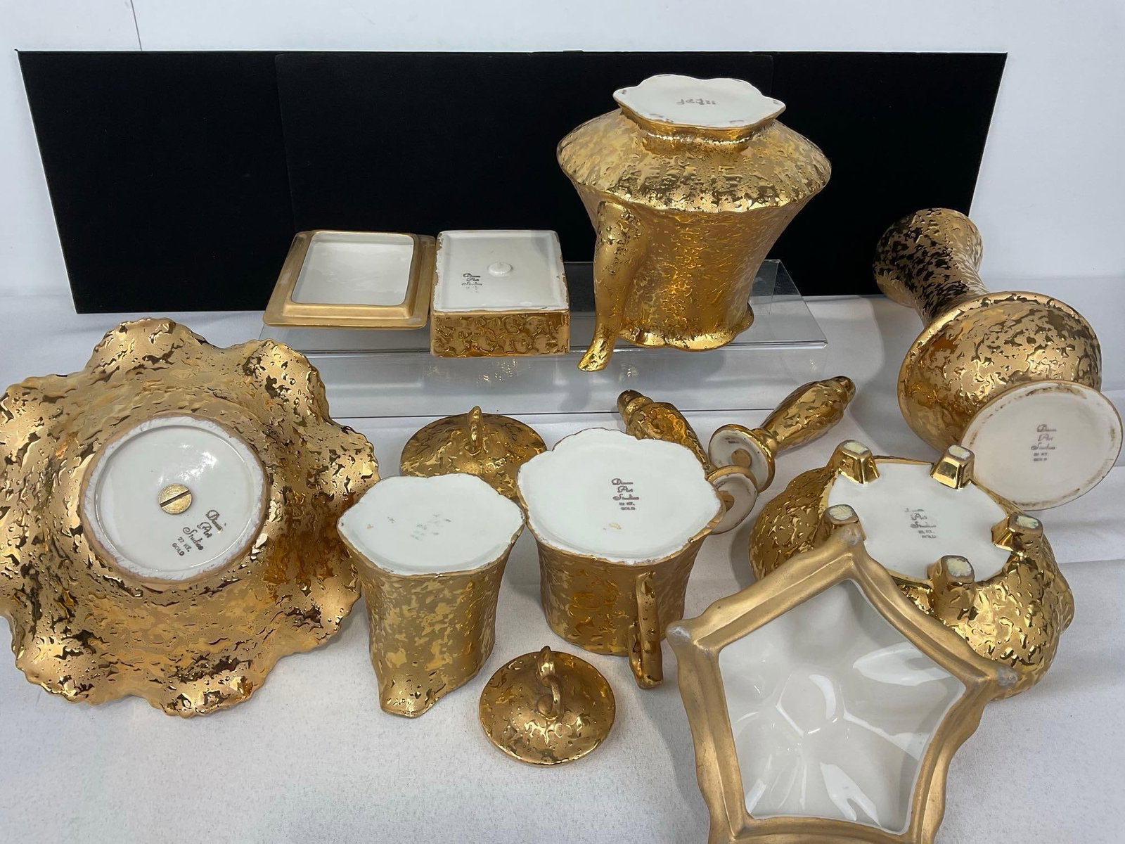 Set of 9 Dixon Art Studios Pieces, Gilt w/22 Karat Gold, Vase, Teapot, Server, Butter Dish & more - 4