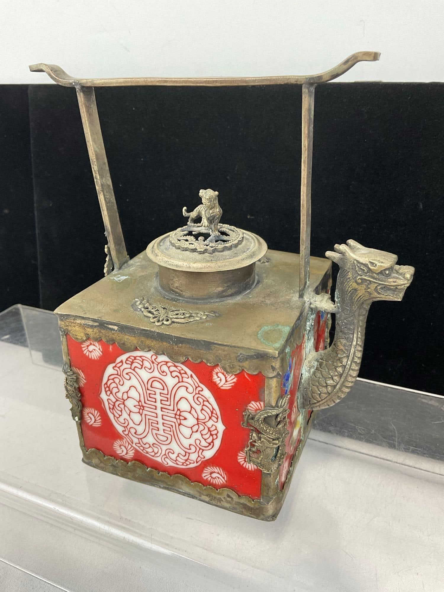 Antique Chinese Red Enameled Teapot/Incense Container, Tiger Figural Finial, Dragon Spout - 2