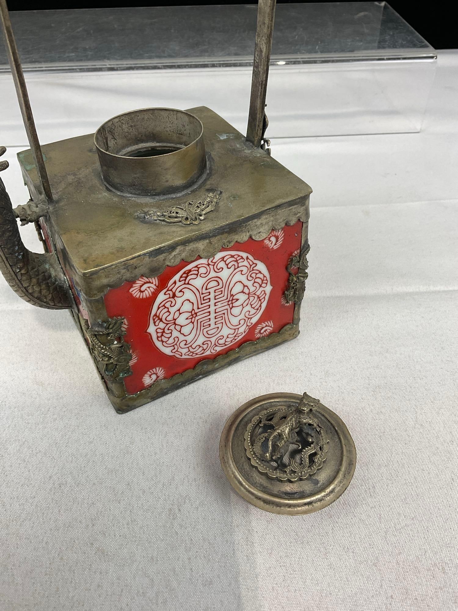 Antique Chinese Red Enameled Teapot/Incense Container, Tiger Figural Finial, Dragon Spout - 4