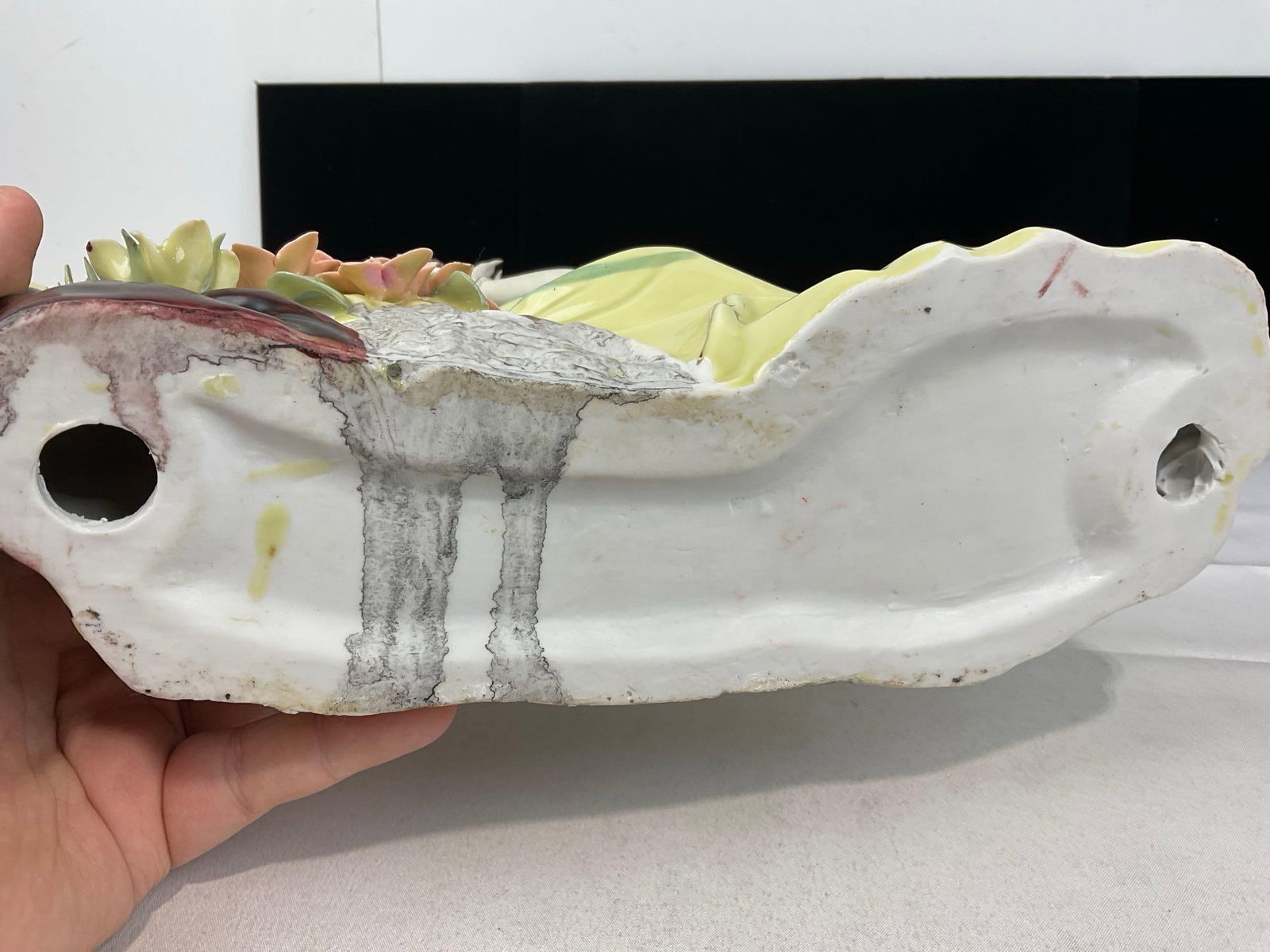 Pair of Chinese Porcelain Lady Figurines, in Yellow Gowns, Delicate Flowers, 15h x 14w x 10d inches - 10