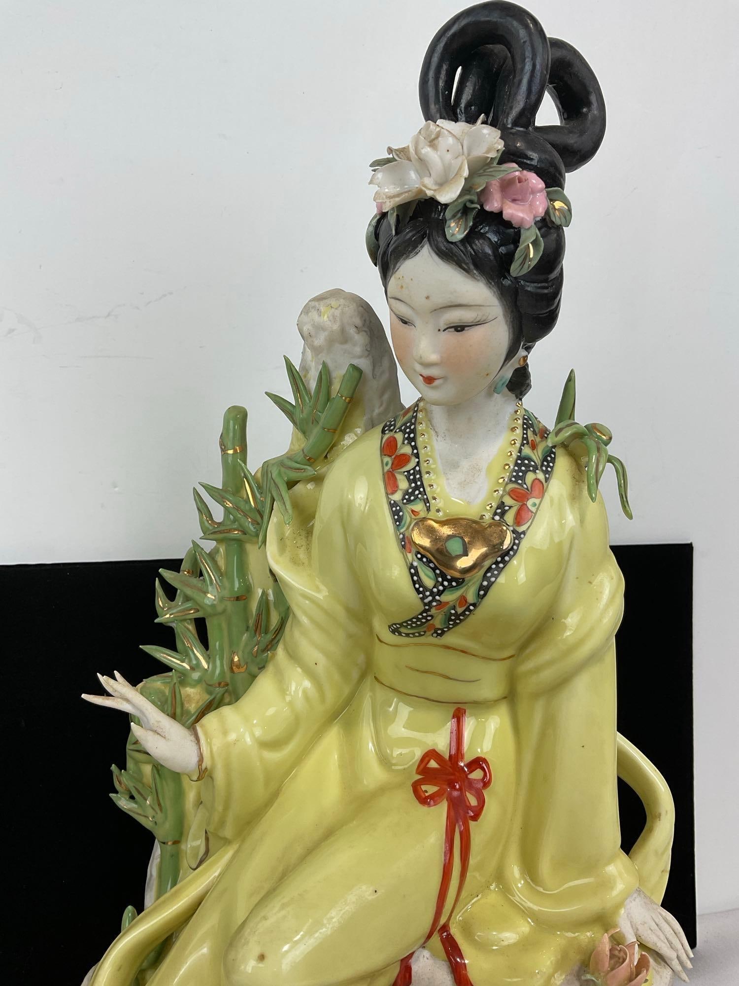 Pair of Chinese Porcelain Lady Figurines, in Yellow Gowns, Delicate Flowers, 15h x 14w x 10d inches - 2