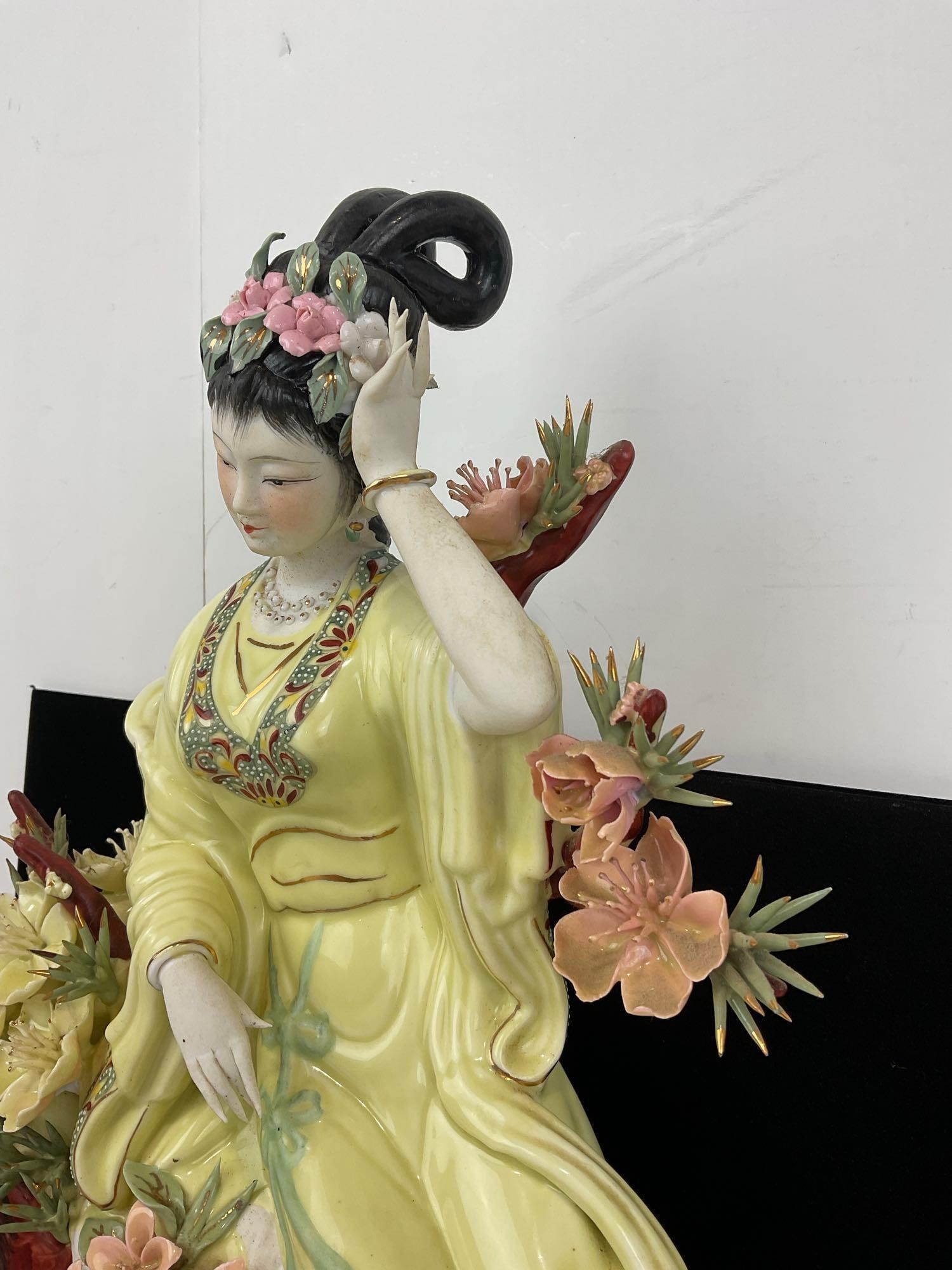 Pair of Chinese Porcelain Lady Figurines, in Yellow Gowns, Delicate Flowers, 15h x 14w x 10d inches - 5