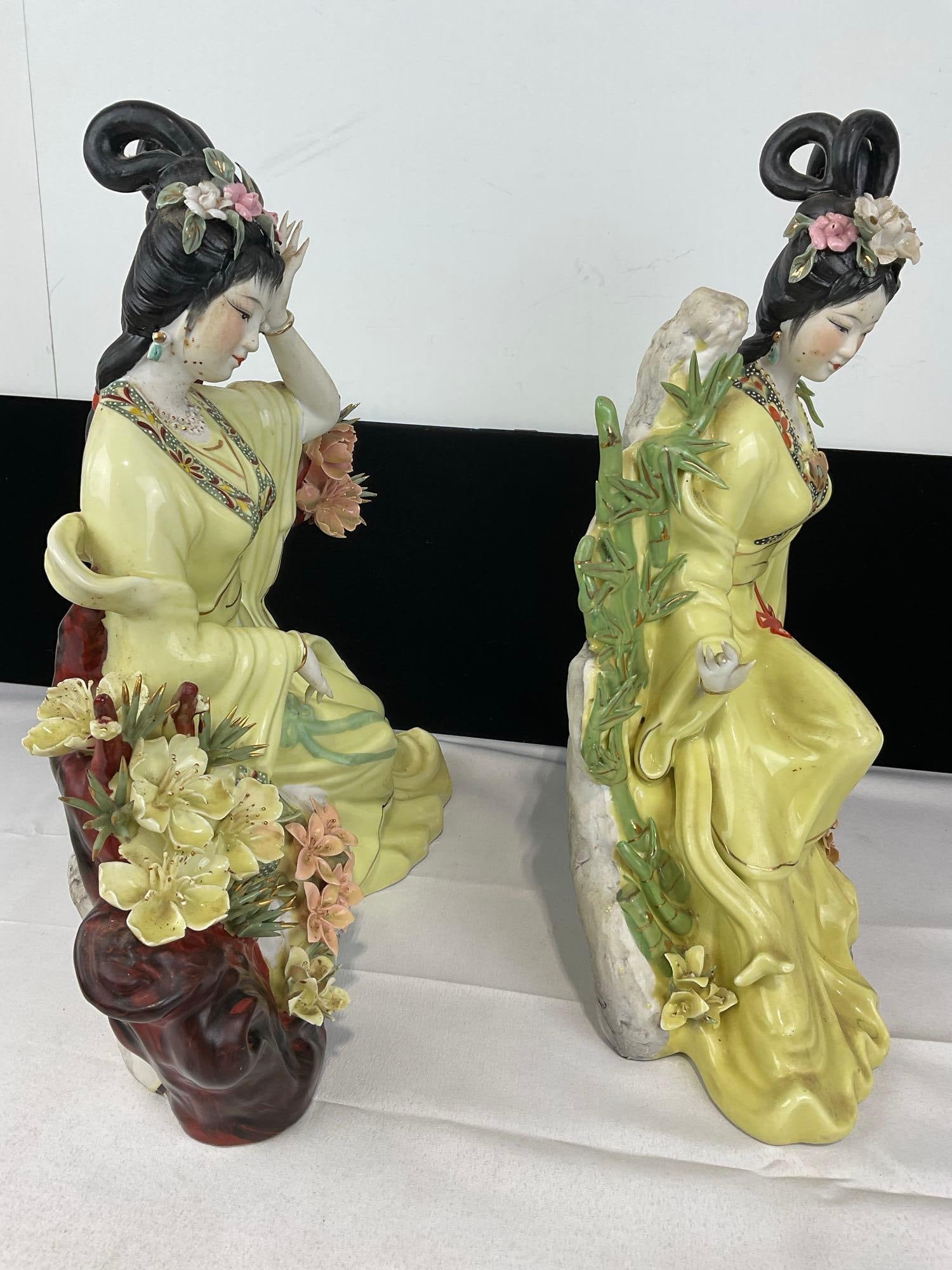 Pair of Chinese Porcelain Lady Figurines, in Yellow Gowns, Delicate Flowers, 15h x 14w x 10d inches - 7