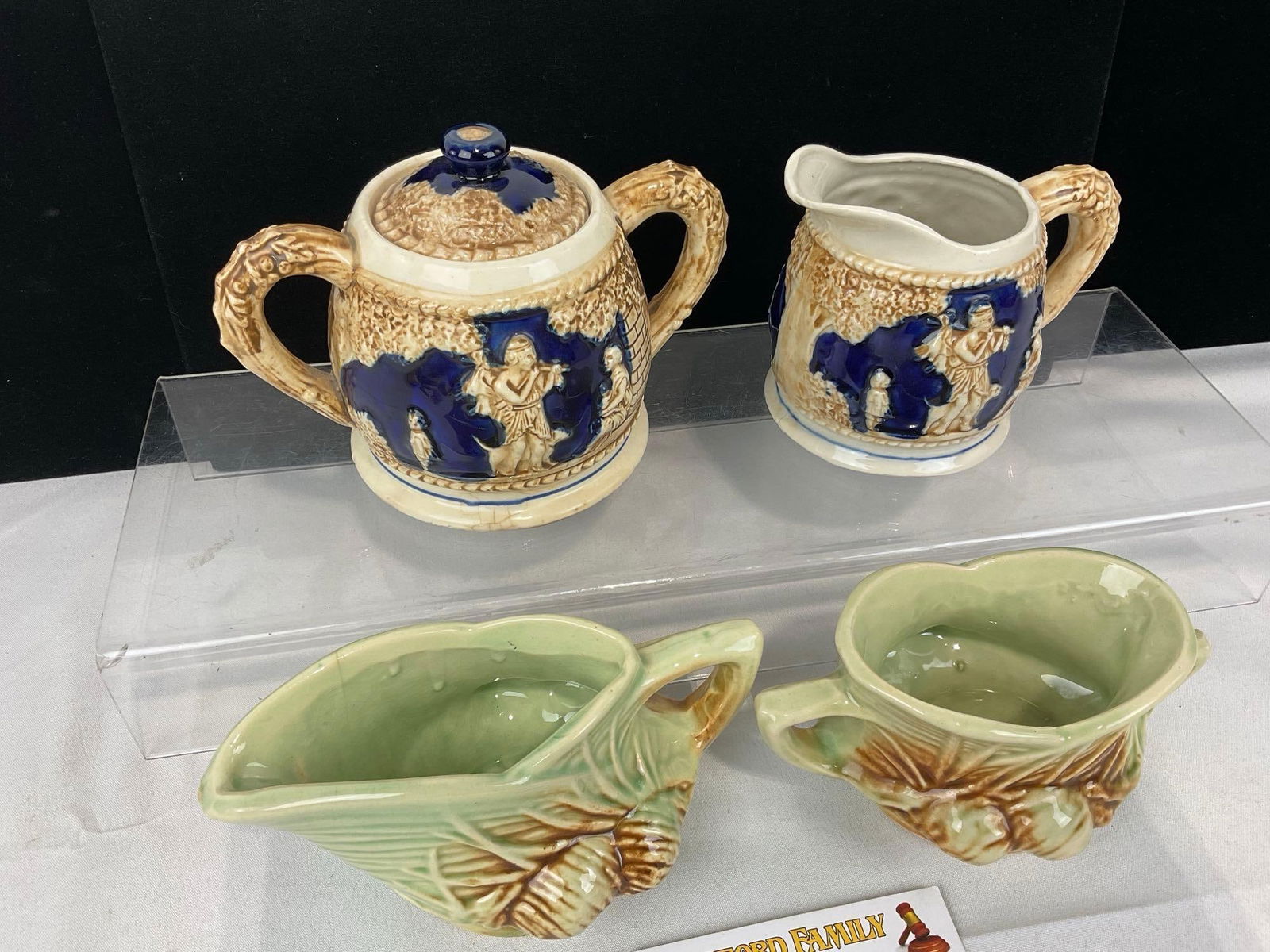 Vintage McCoy Pine Cone Pattern Creamer & Sugar Bowl, 2 Cobalt Blue Stein style Sugar & Creamer - 2