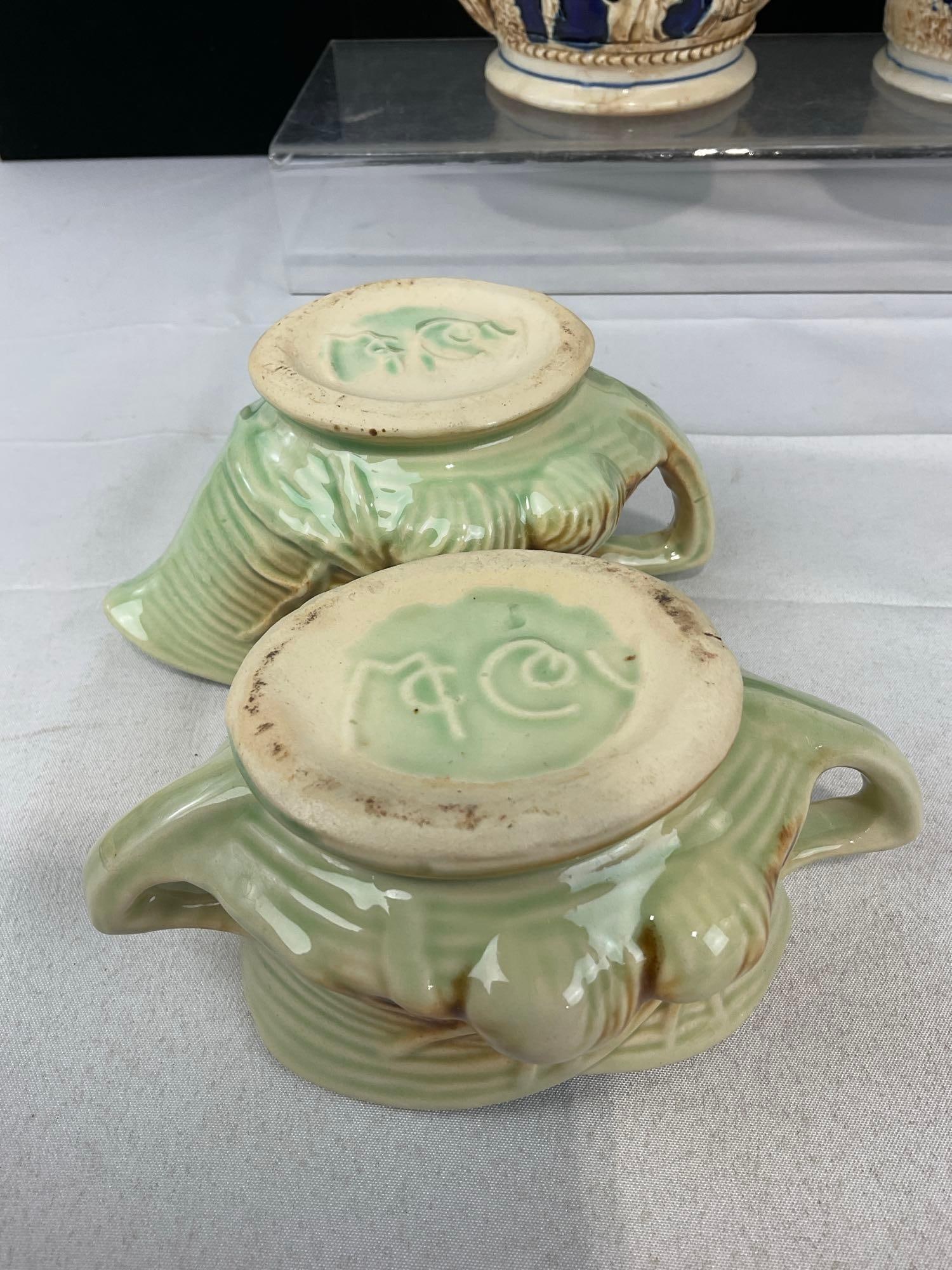 Vintage McCoy Pine Cone Pattern Creamer & Sugar Bowl, 2 Cobalt Blue Stein style Sugar & Creamer - 4