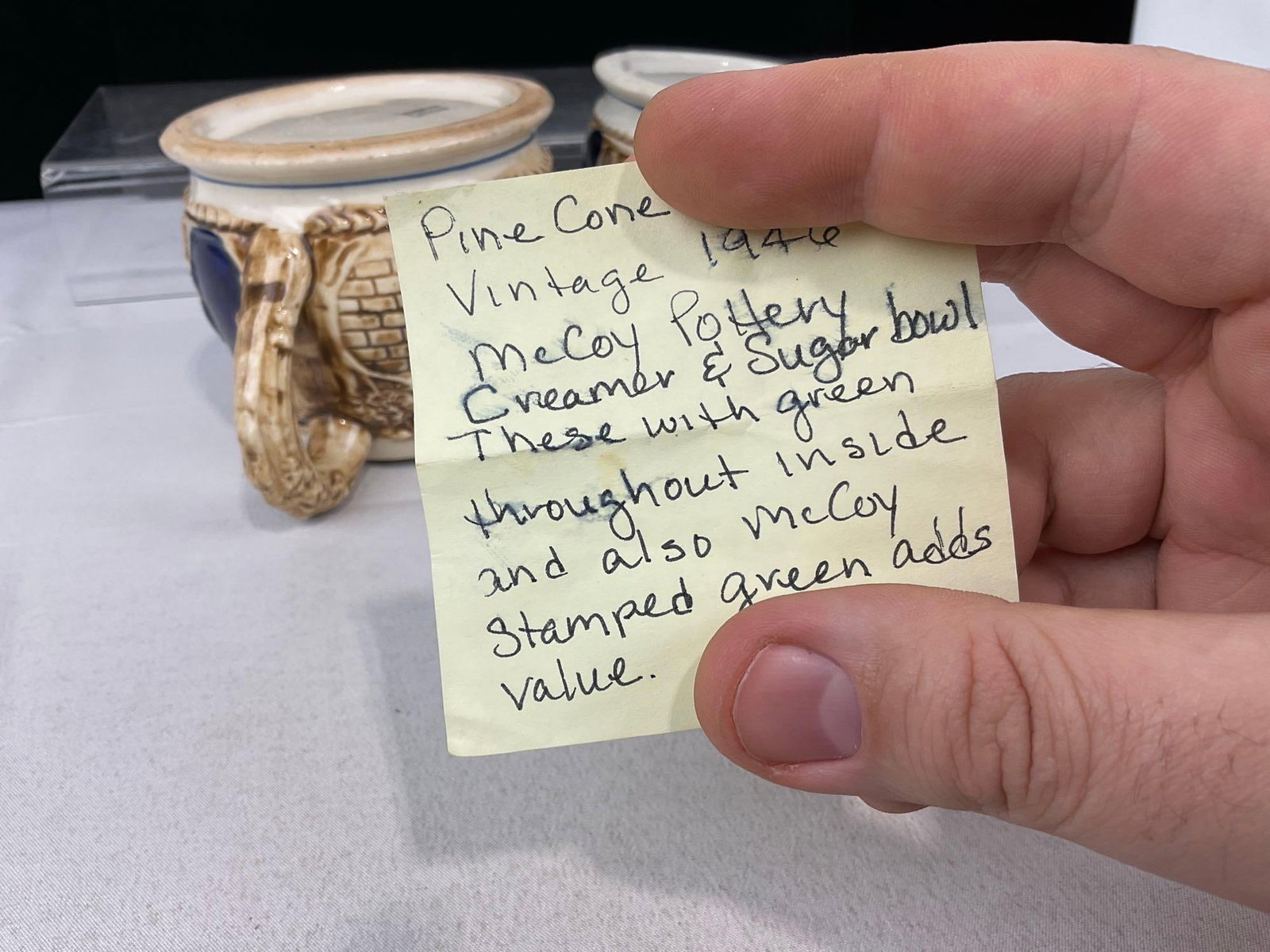 Vintage McCoy Pine Cone Pattern Creamer & Sugar Bowl, 2 Cobalt Blue Stein style Sugar & Creamer - 6