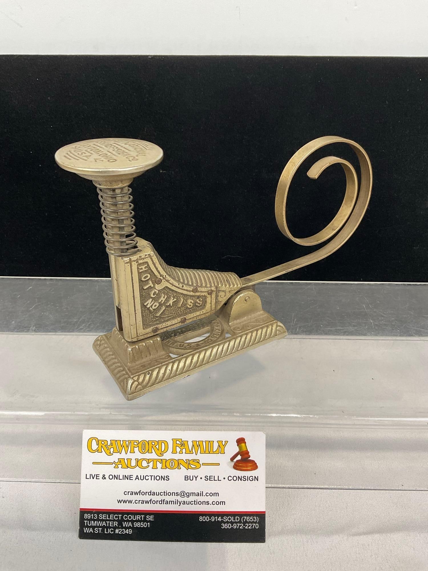 Antique Hotchkiss no.1 Stapler, Cast Iron, last patent date 1896, 6h x 8w x 3d inches: Appears to be in good shape. The piece measures approx 6h x 8w x 3d inches. See pics. E-5360 