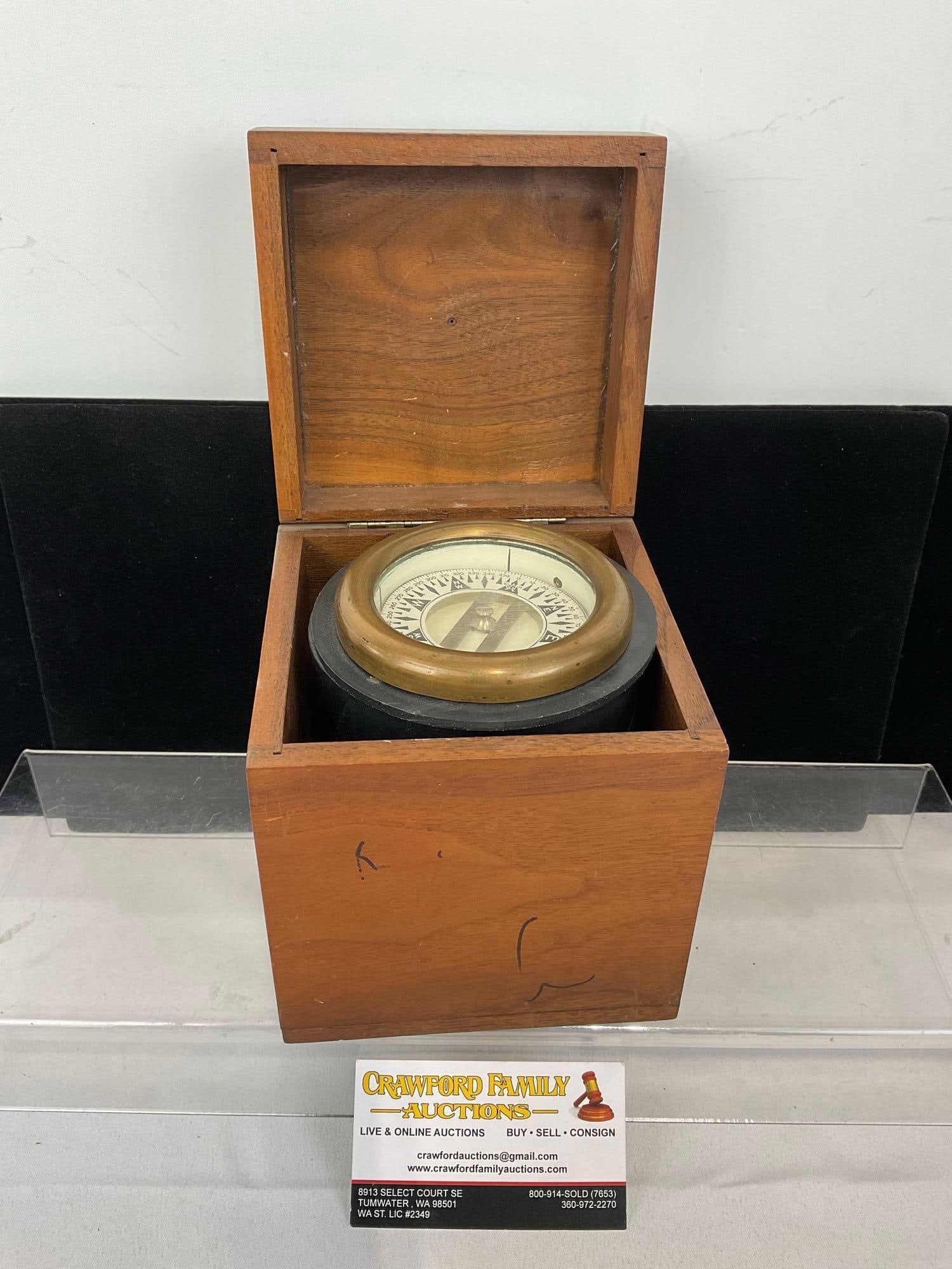 Vintage Crittenden Nautical Compass in Wooden Case, no gimbal included, 7h x 6w x 6d inches: Appears to be in good shape, some wear can be seen. The piece measures approx 7h x 6w x 6d inches. See pics. E-5360