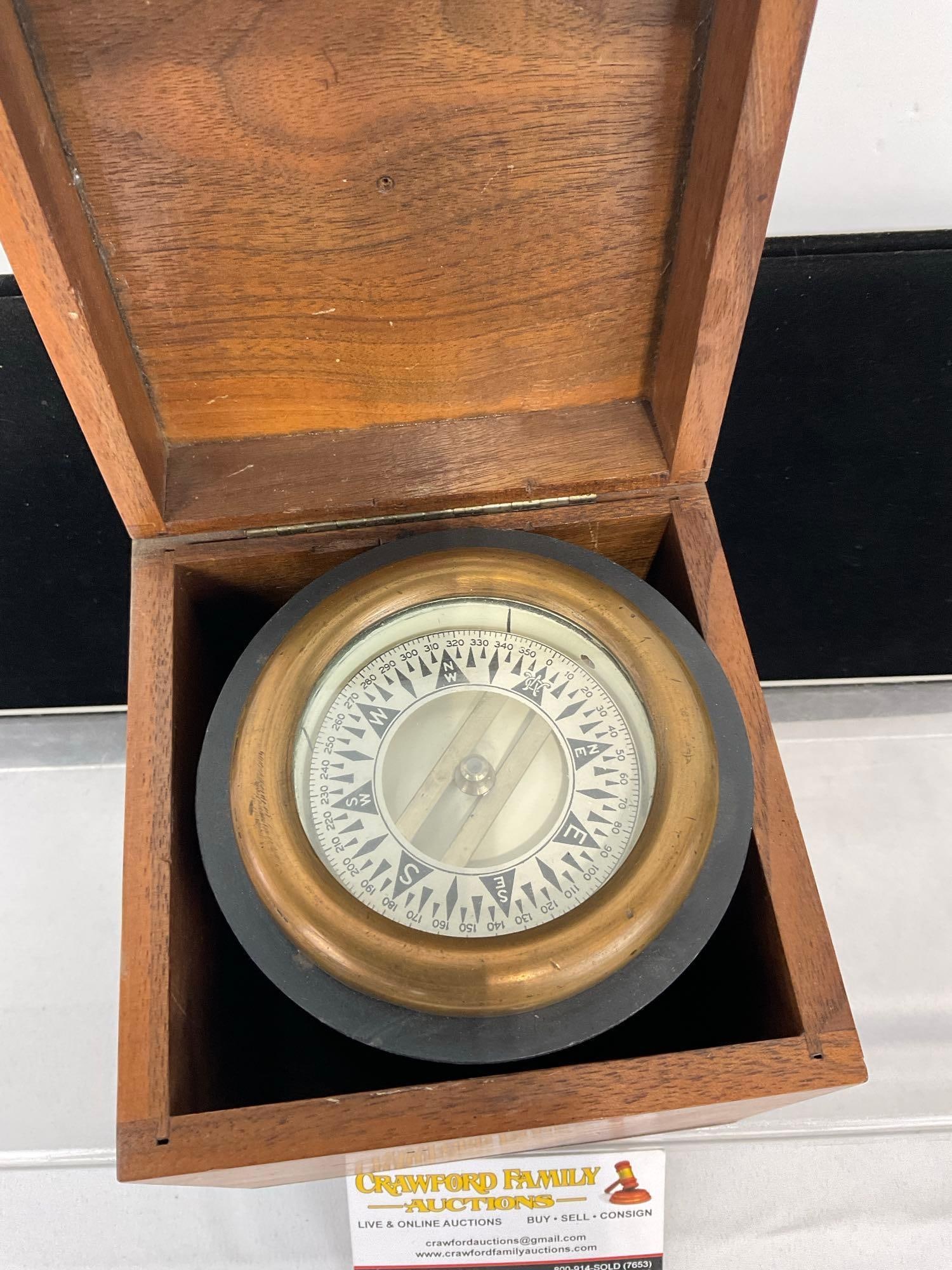 Vintage Crittenden Nautical Compass in Wooden Case, no gimbal included, 7h x 6w x 6d inches - 2