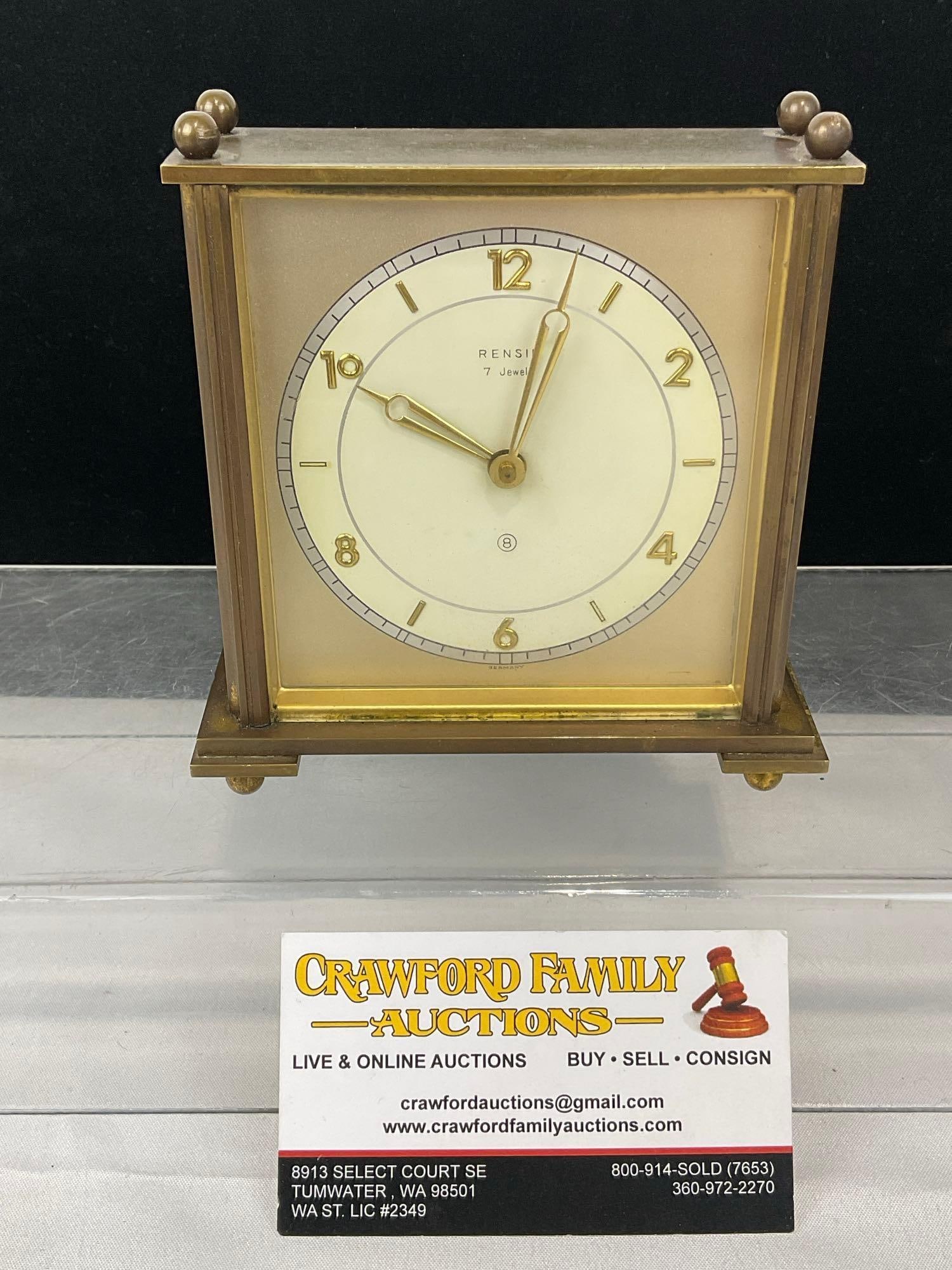 Vintage Rensie 7-Jewel Brass Desk Clock, Brass & Glass, 6h x 6w x 3d inches: The back is marked 7R F. Mauthe Germany. Appears to be in good shape. The piece measures approx 6h x 6w x 3d inches. See pics. E-5360