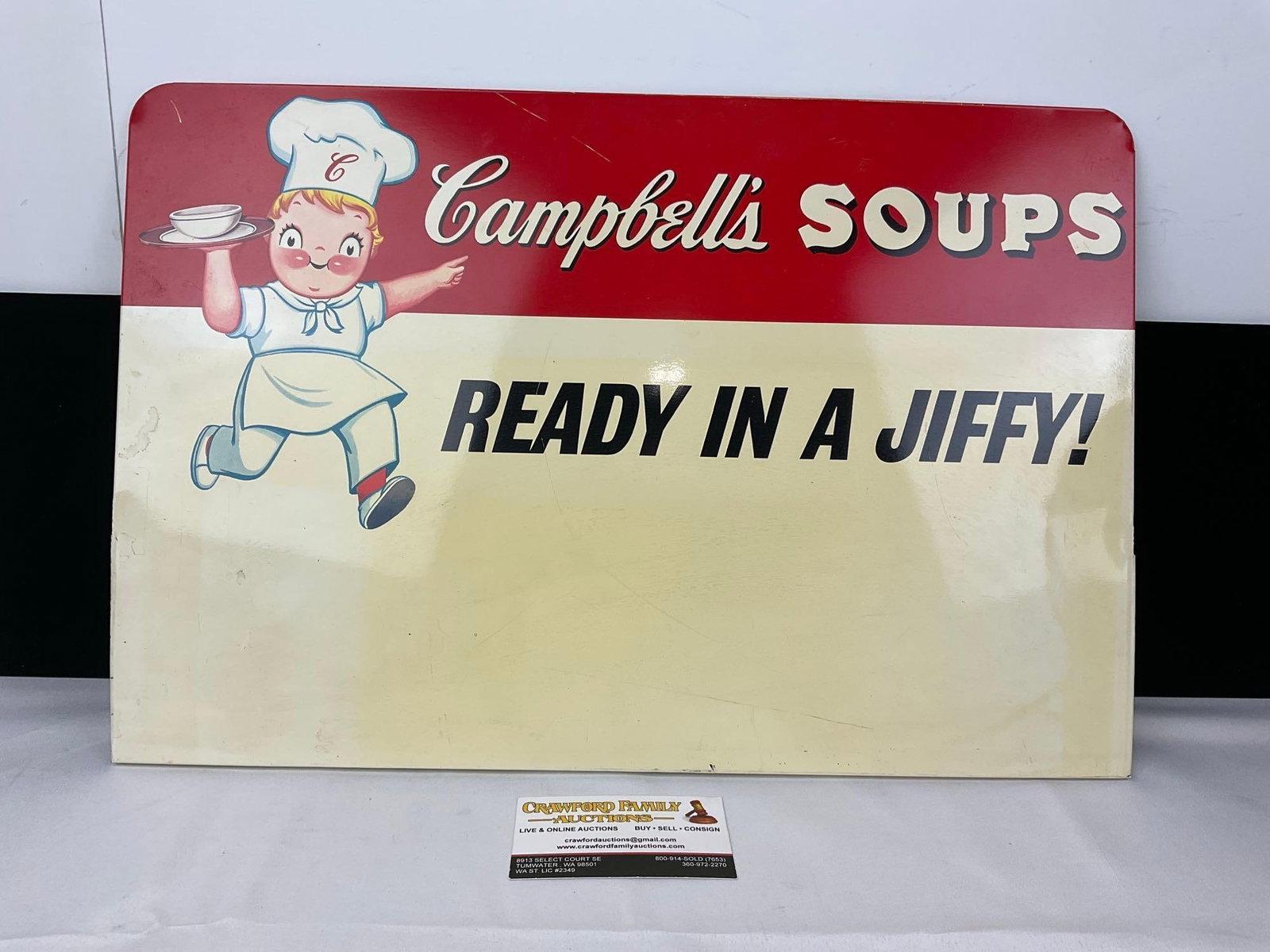 Vintage 1950s Campbells Soups Ready in a Jiffy Sheet Tin Metal Sign, 13h x 19w x 2d inches: Similar size to the other Campbells piece. Appears to be in good shape. The piece measures approx 13h x 19w x 2d inches. See pics. E-5360