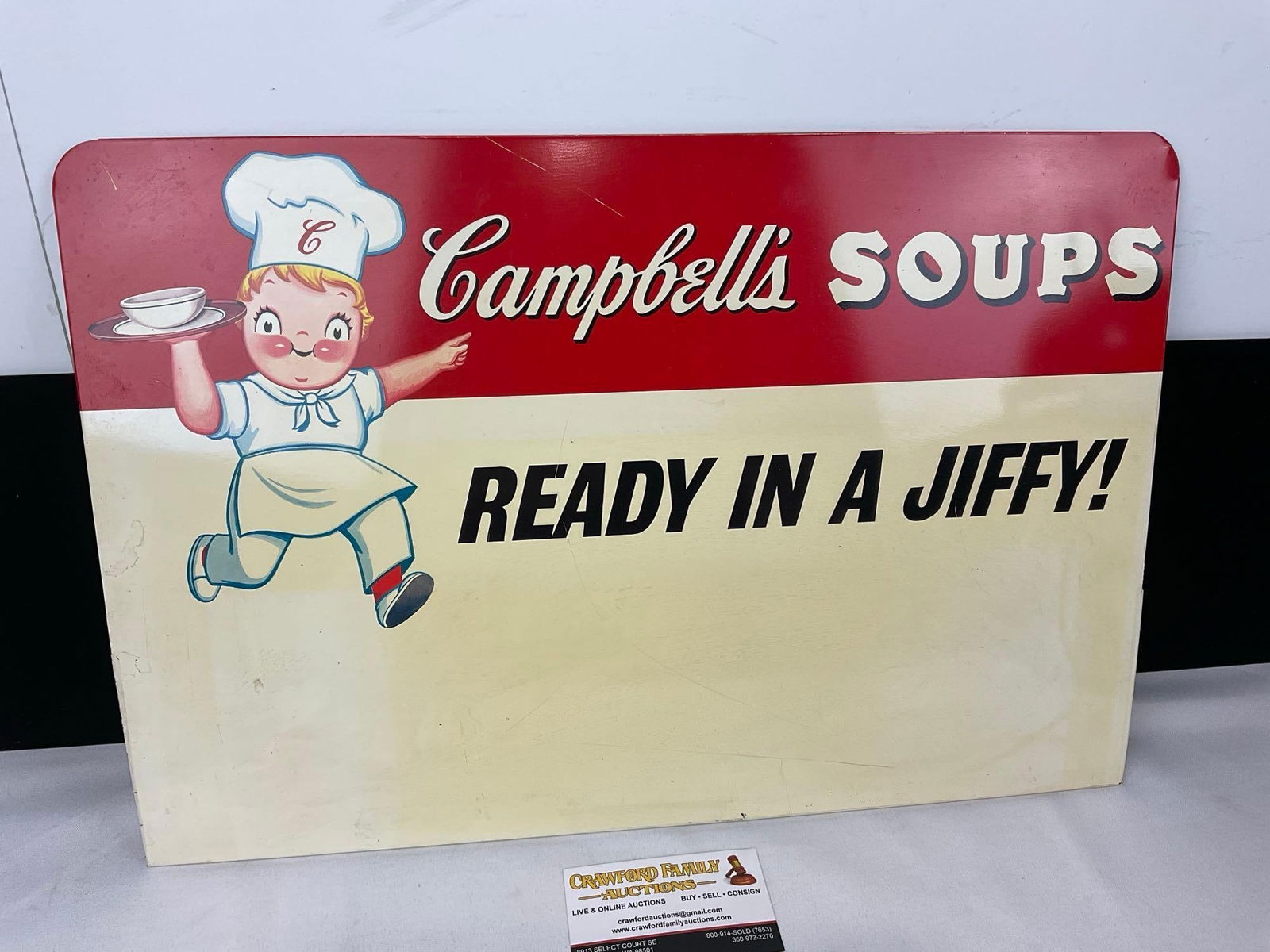Vintage 1950s Campbells Soups Ready in a Jiffy Sheet Tin Metal Sign, 13h x 19w x 2d inches - 2