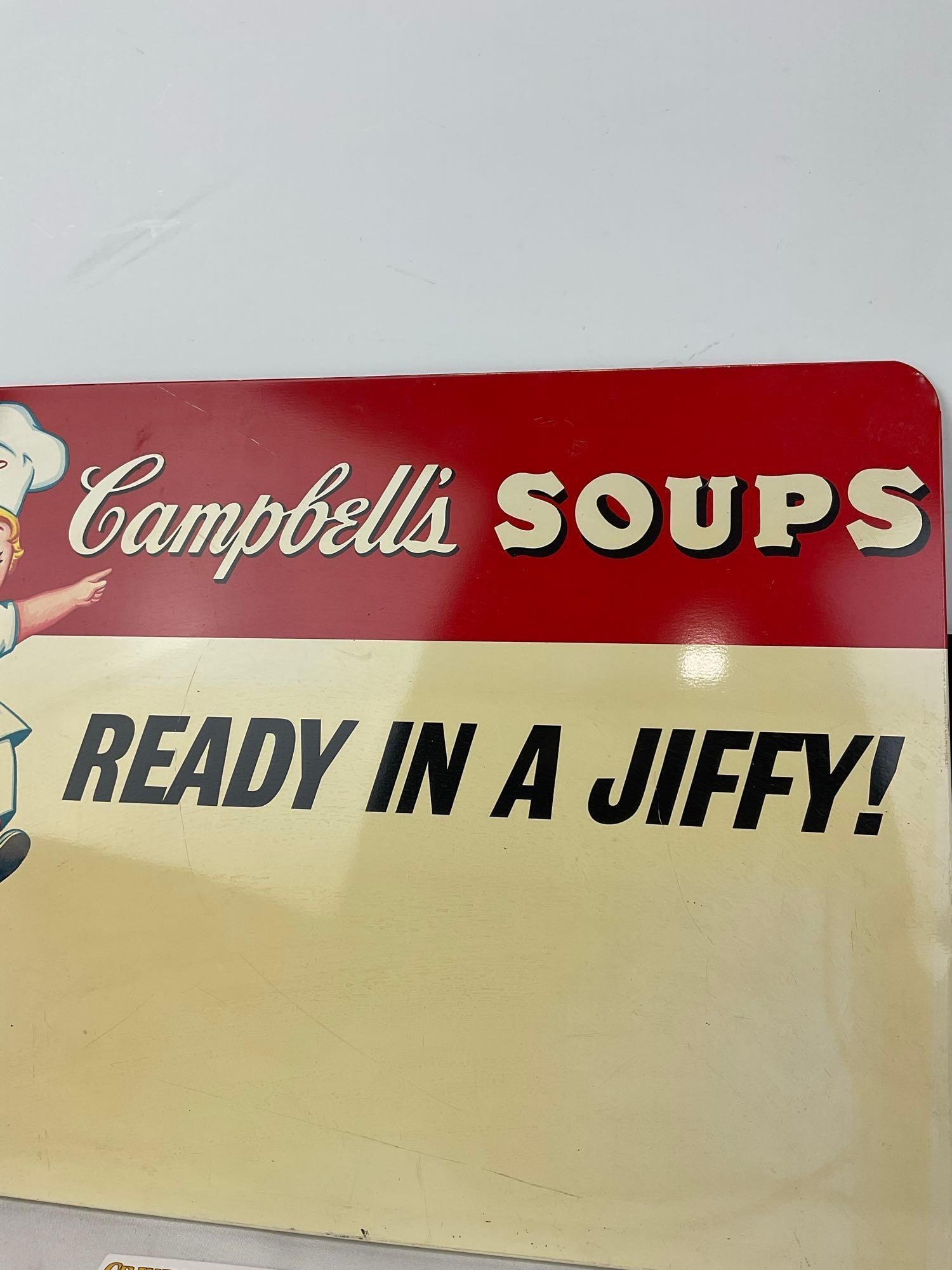 Vintage 1950s Campbells Soups Ready in a Jiffy Sheet Tin Metal Sign, 13h x 19w x 2d inches - 4
