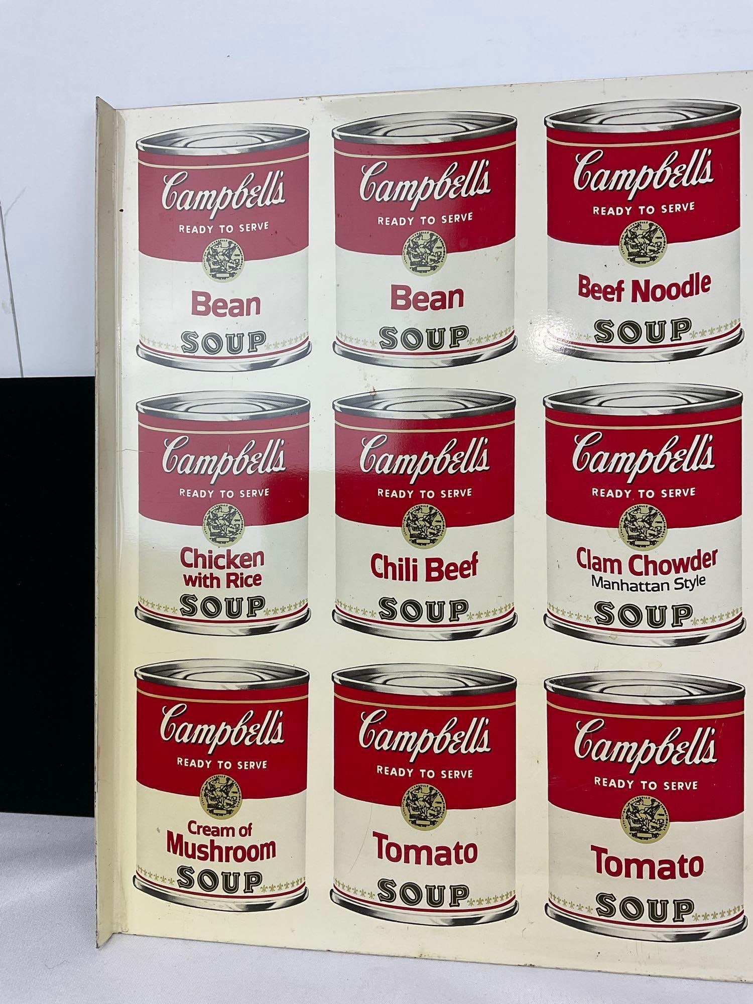 Vintage 1950s Campbells Soups 18 soup variety Sheet Tin Metal Sign, 13h x 19w x 2d inches - 2