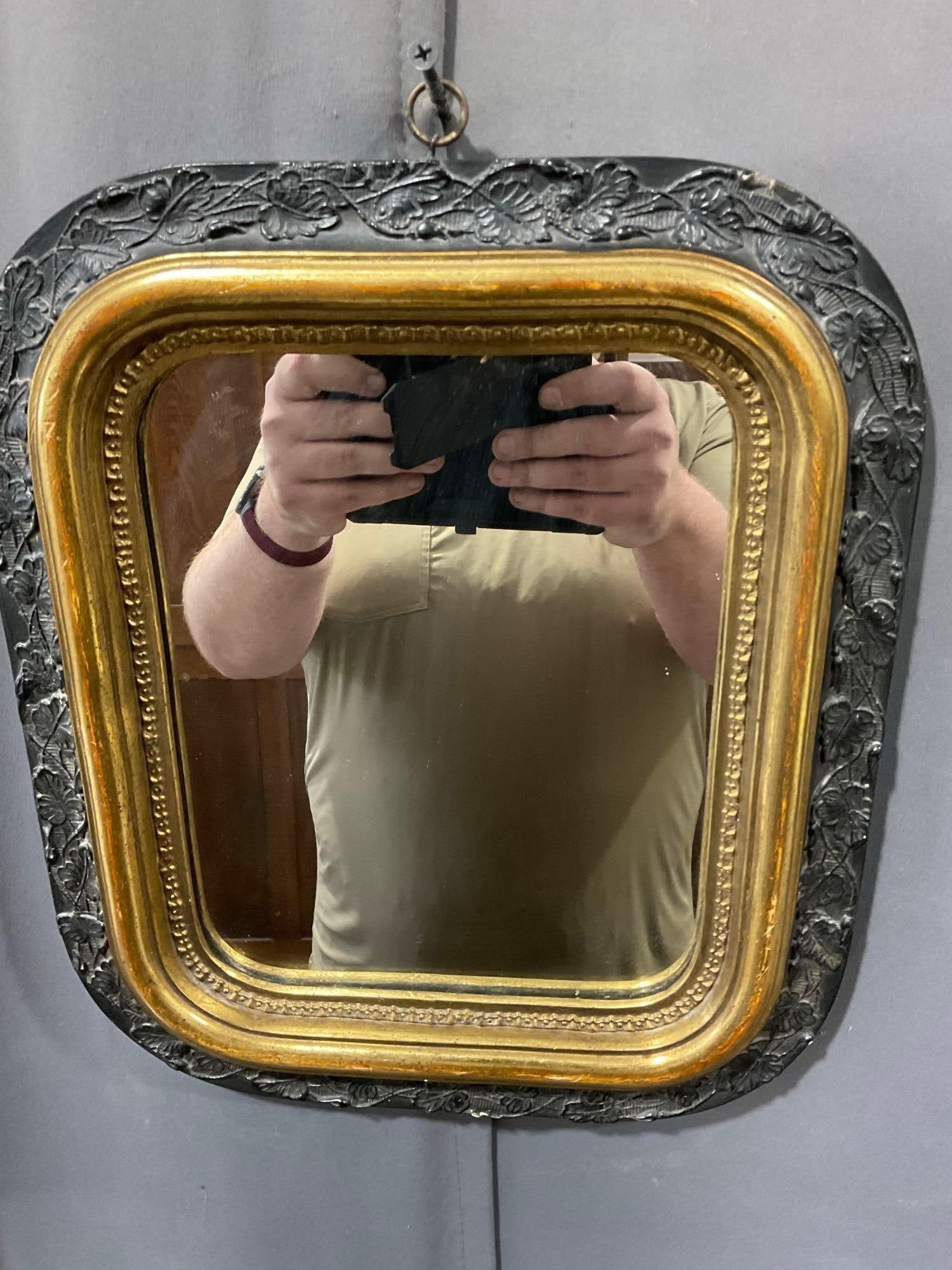 Antique Borghese Mirror, Gilt Frame, Black Foliate Carved Rim, 14h x 12w x 3d inches - 2