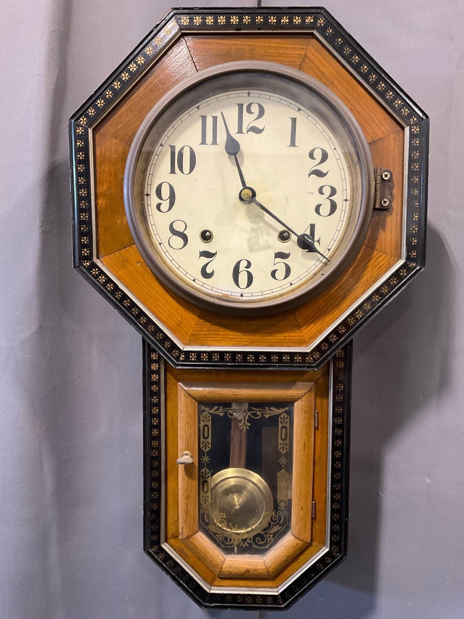 Early 20th Century E. Ingraham & Co Regulator Clock, Time Strike, Handpainted Border & Glass (1 of 6)