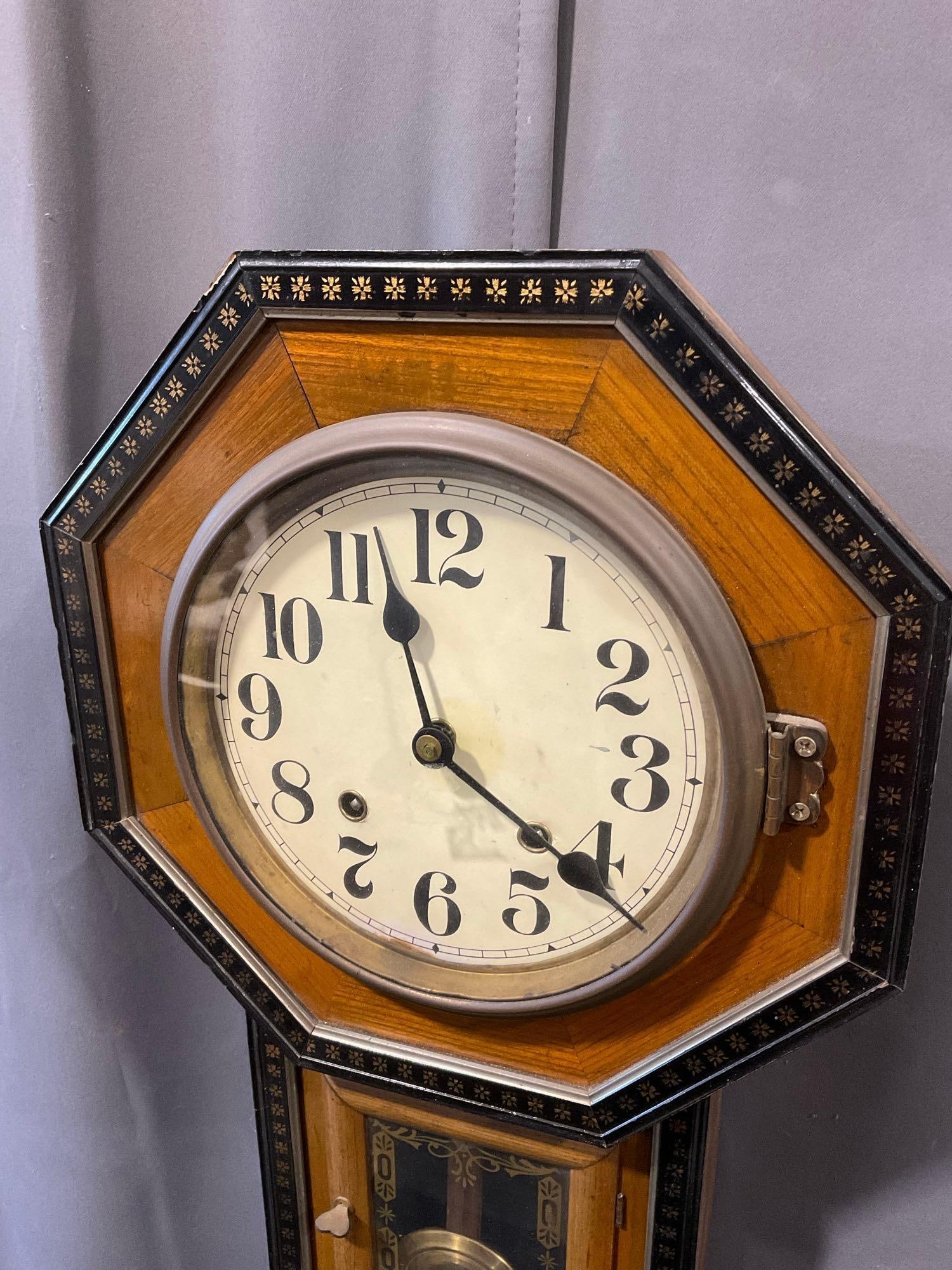 Early 20th Century E. Ingraham & Co Regulator Clock, Time Strike, Handpainted Border & Glass - 2
