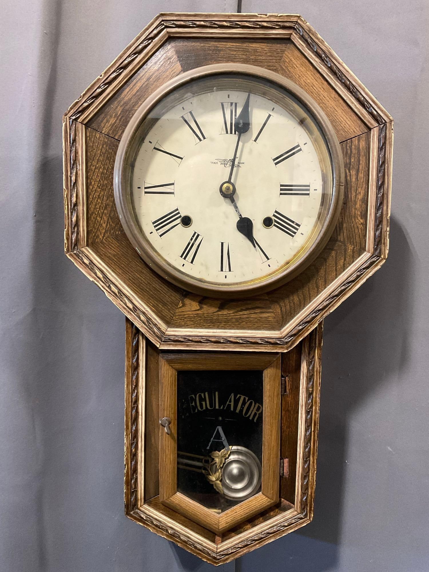 Early 20th Century Ansonia Regulator A Schoolhouse Time Strike Clock, 22h x 13w x 7d inches (1 of 4)