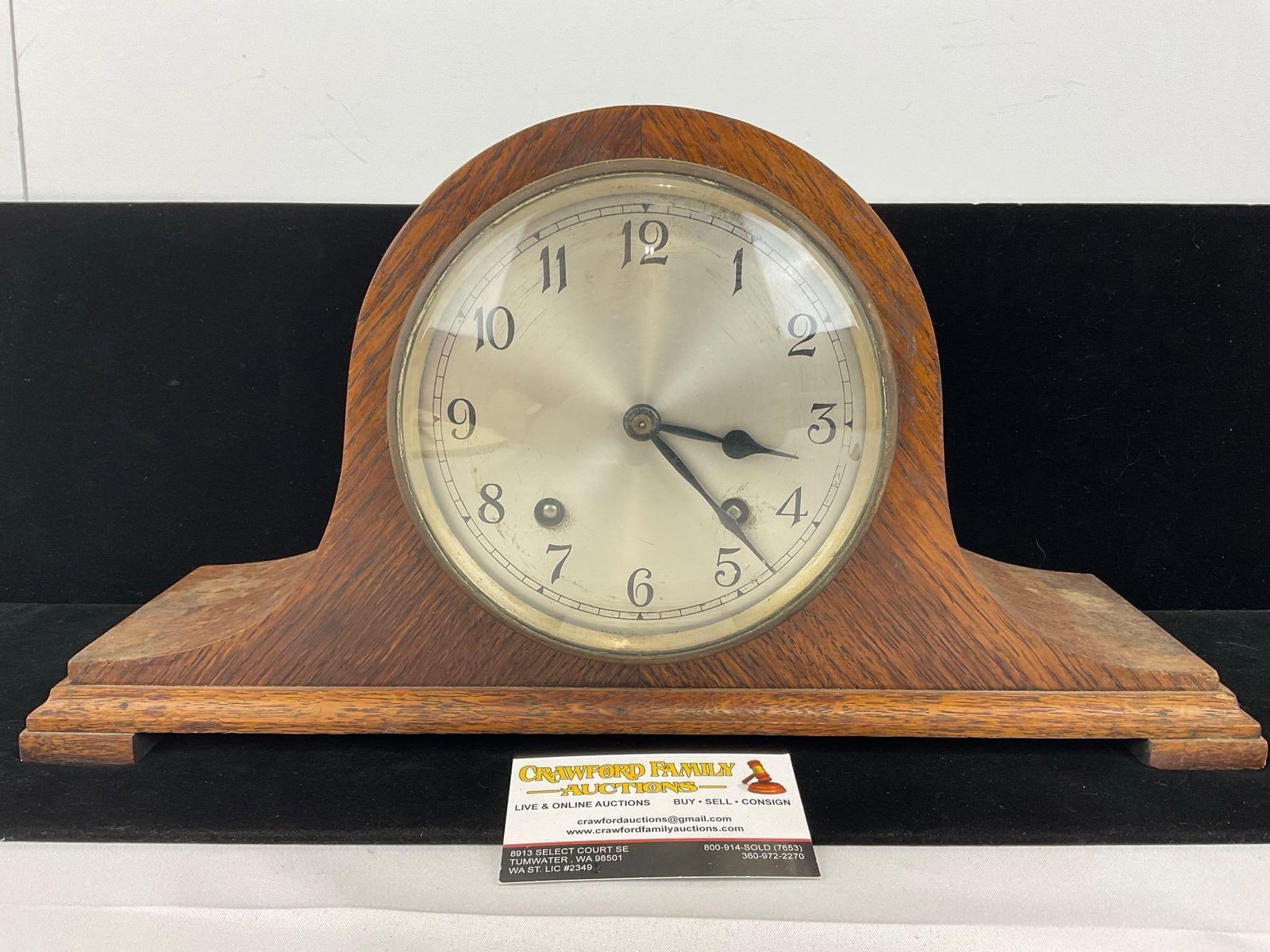 Early 20th Century 1930s Oak English Humpback Mantel Clock Time Strike, 9h x 17w x 6d inches: Appears to be in good shape. The piece measures approx 9h x 17w x 6d inches. See pics. E-5580
