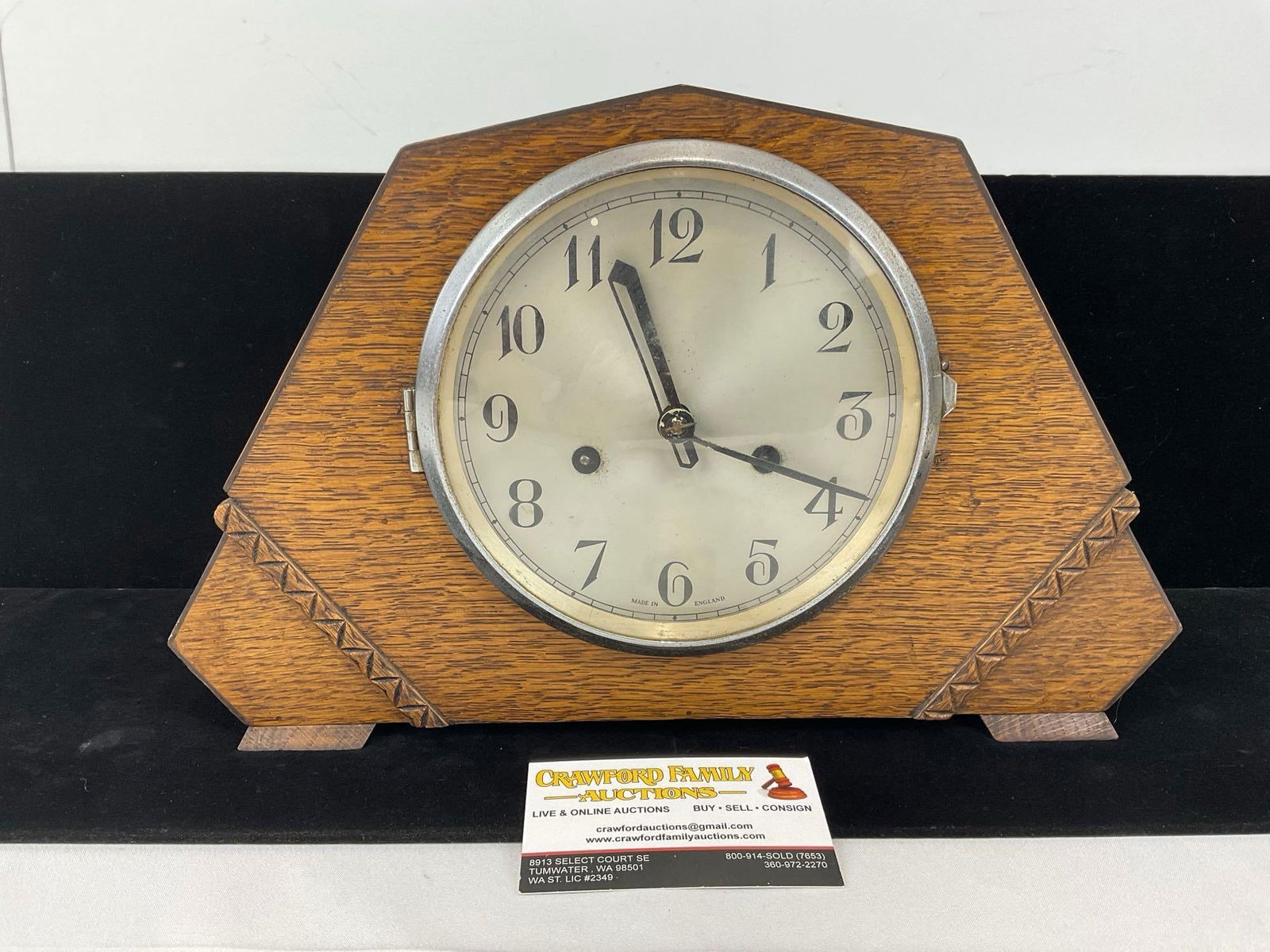 Antique English Oak Mantel Clock, Time Strike, 9h x 14w x 6d inches (1 of 7)