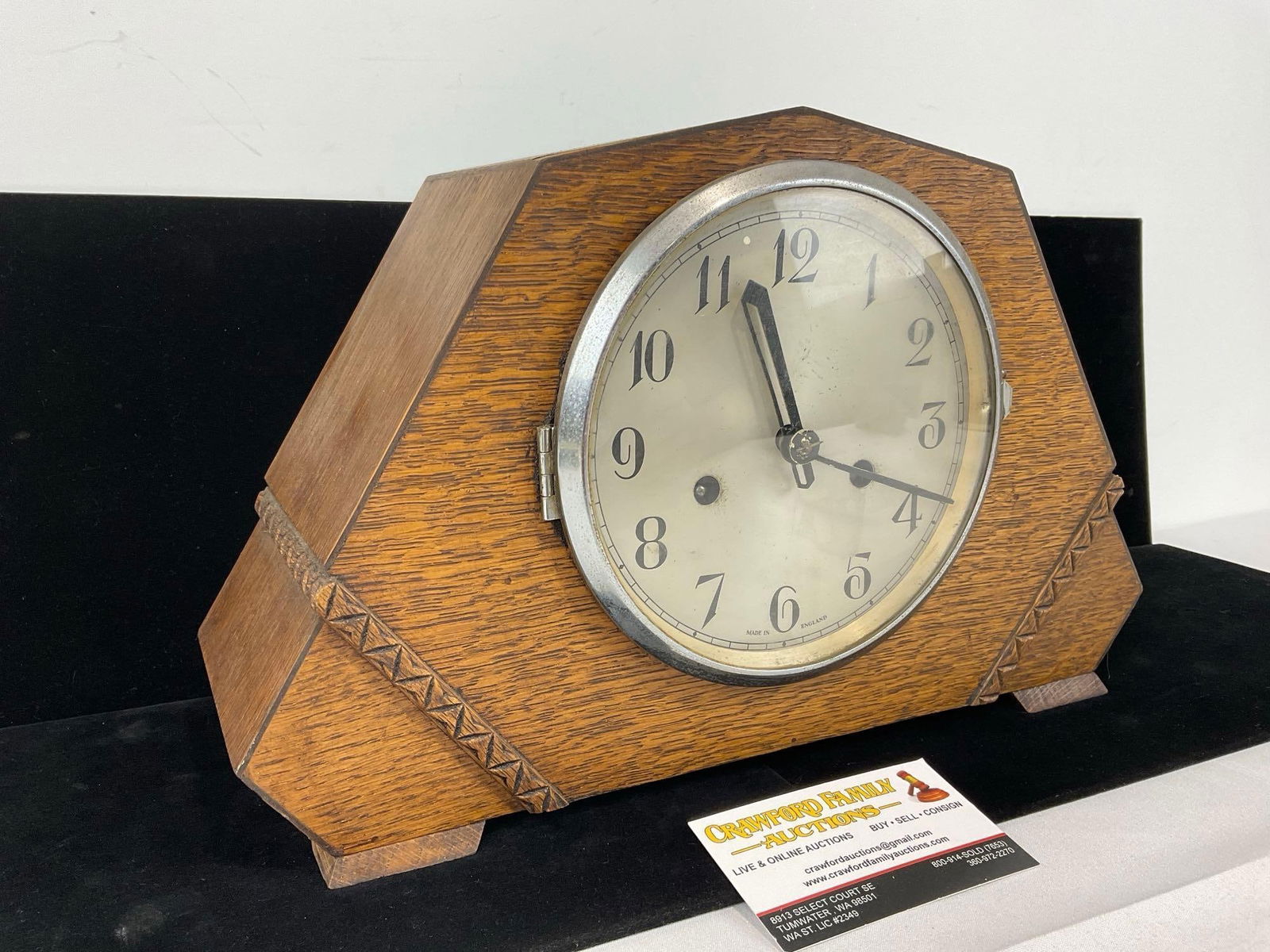 Antique English Oak Mantel Clock, Time Strike, 9h x 14w x 6d inches - 2