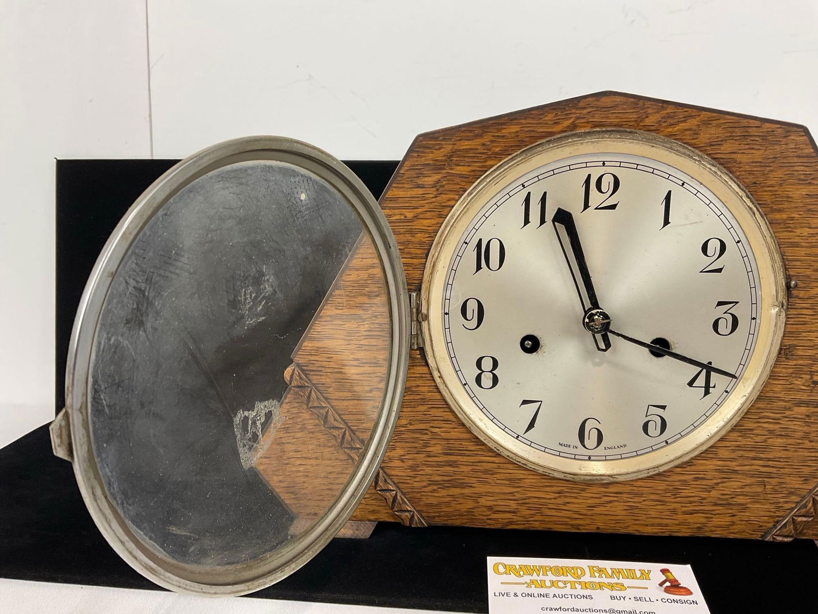 Antique English Oak Mantel Clock, Time Strike, 9h x 14w x 6d inches - 3