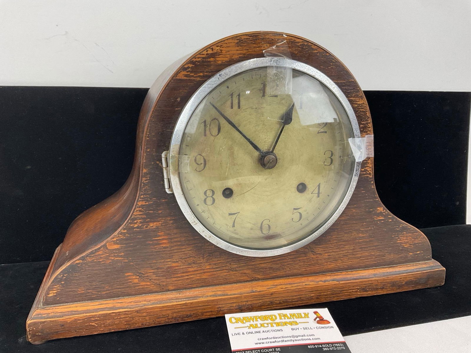 Antique Humpback Mantel Clock Time Strike 10h x 15w x 7d inch, glass face cover off - 2