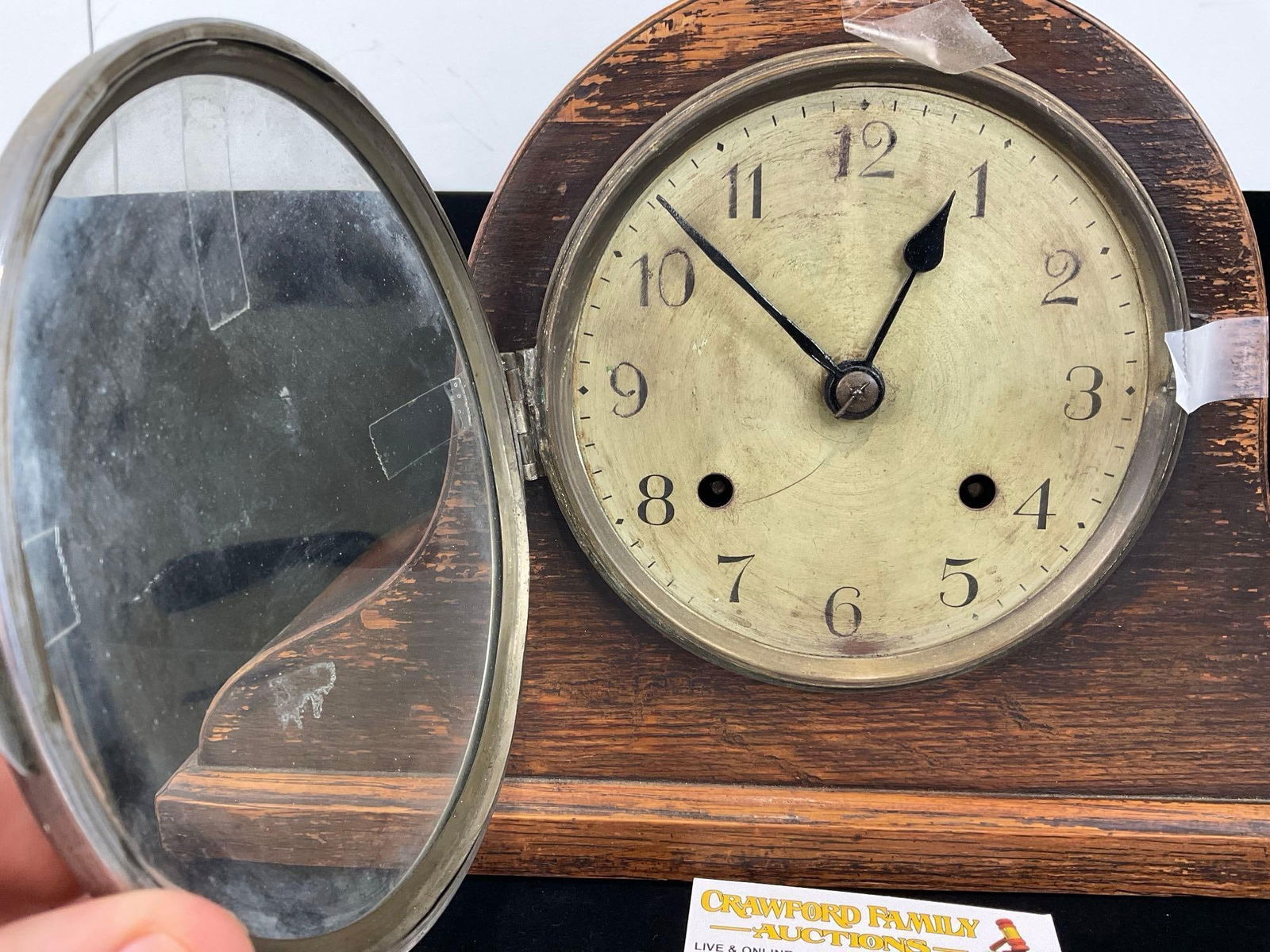 Antique Humpback Mantel Clock Time Strike 10h x 15w x 7d inch, glass face cover off - 3