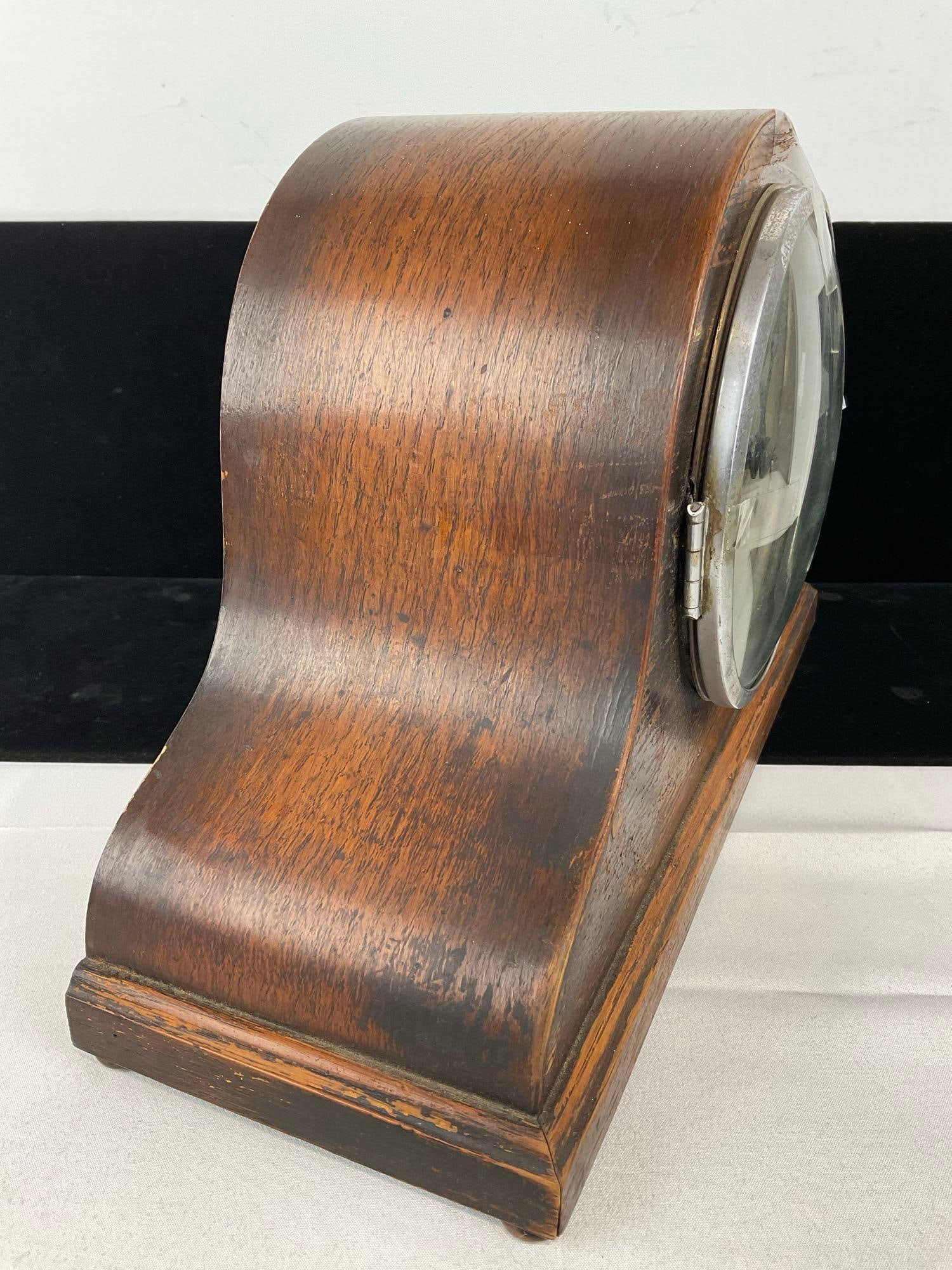 Antique Humpback Mantel Clock Time Strike 10h x 15w x 7d inch, glass face cover off - 4