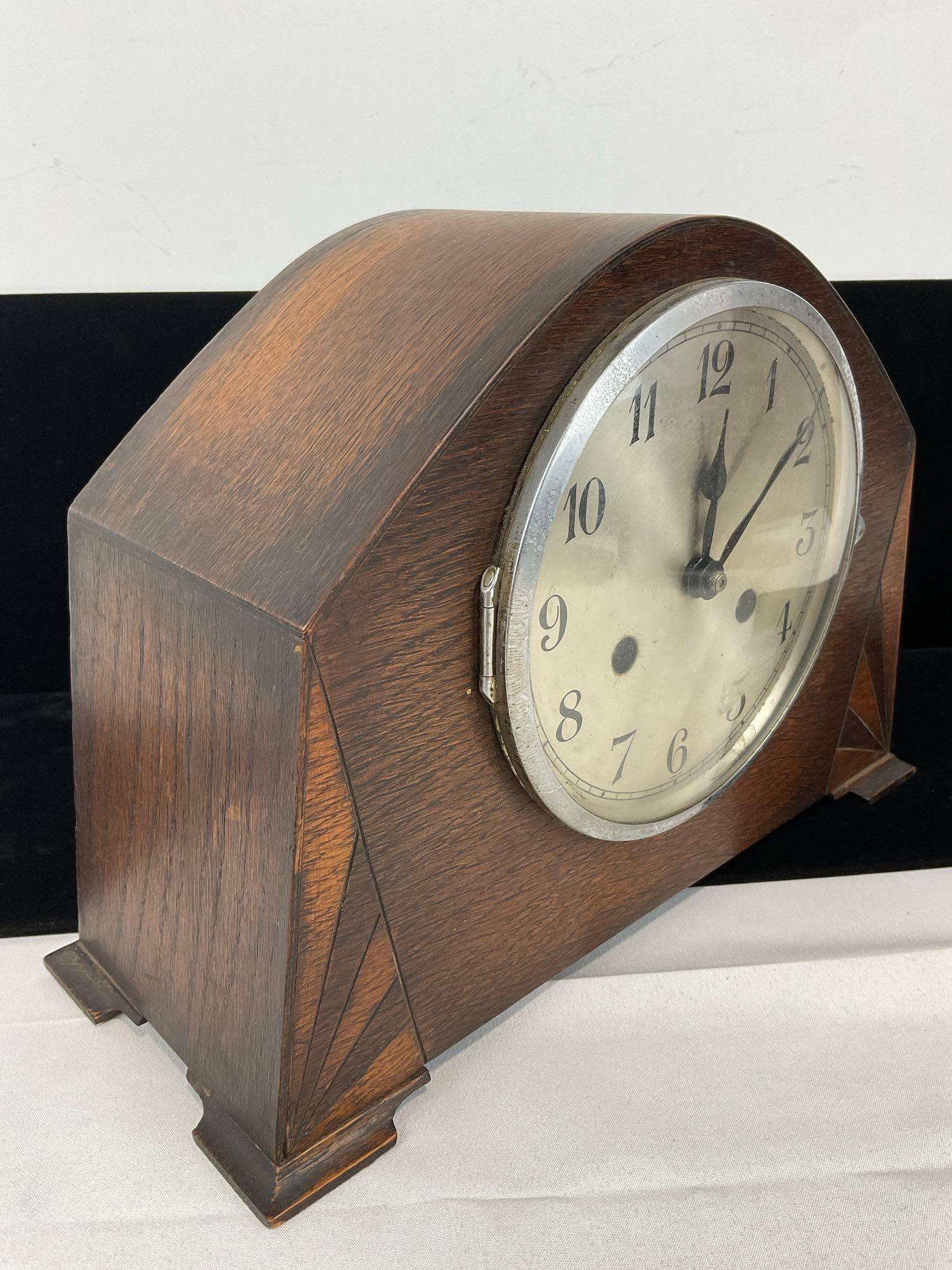 Early 20th Century Mantel Clock Time Strike w/handsome marquetry details, 9h x 13w x 6d - 3